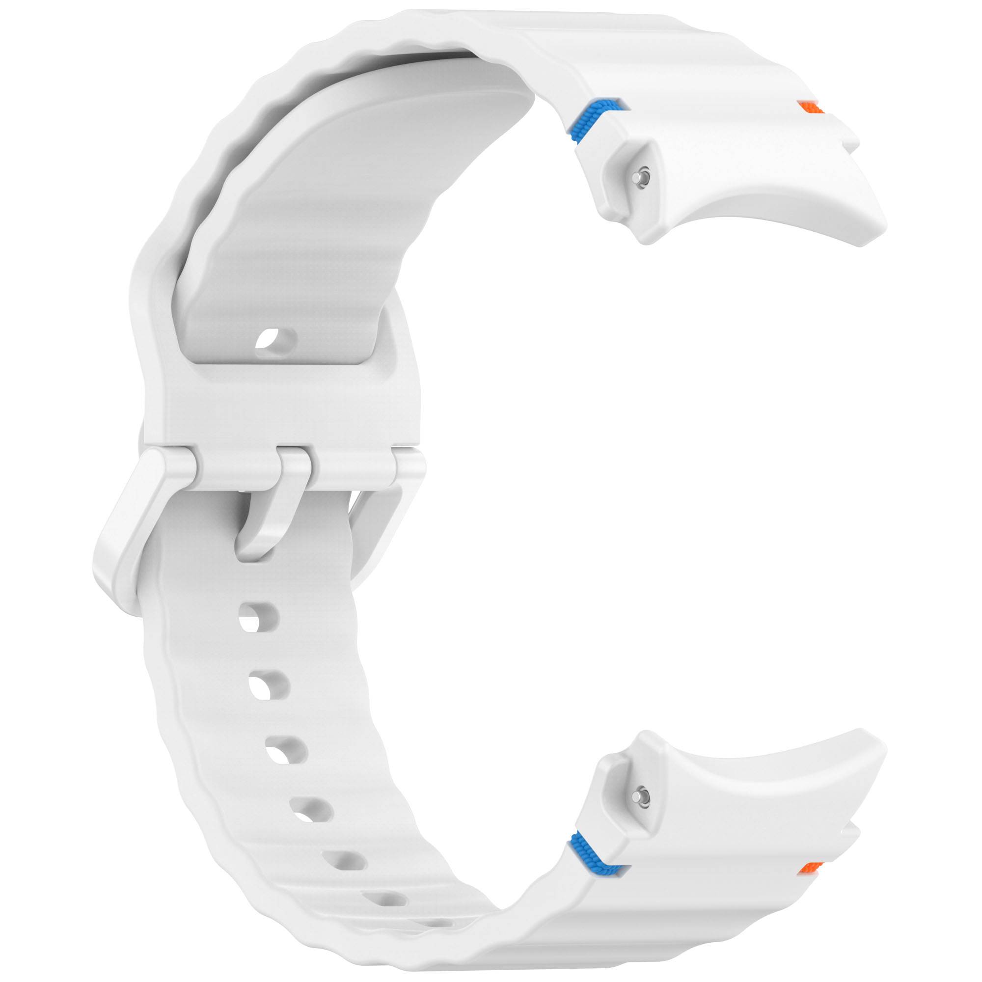 Weiß verstellbares Smartwatch-Armband isoliert auf weißem Hintergrund, geöffnet dargestellt mit Schnalle und perforiertem Riemen.