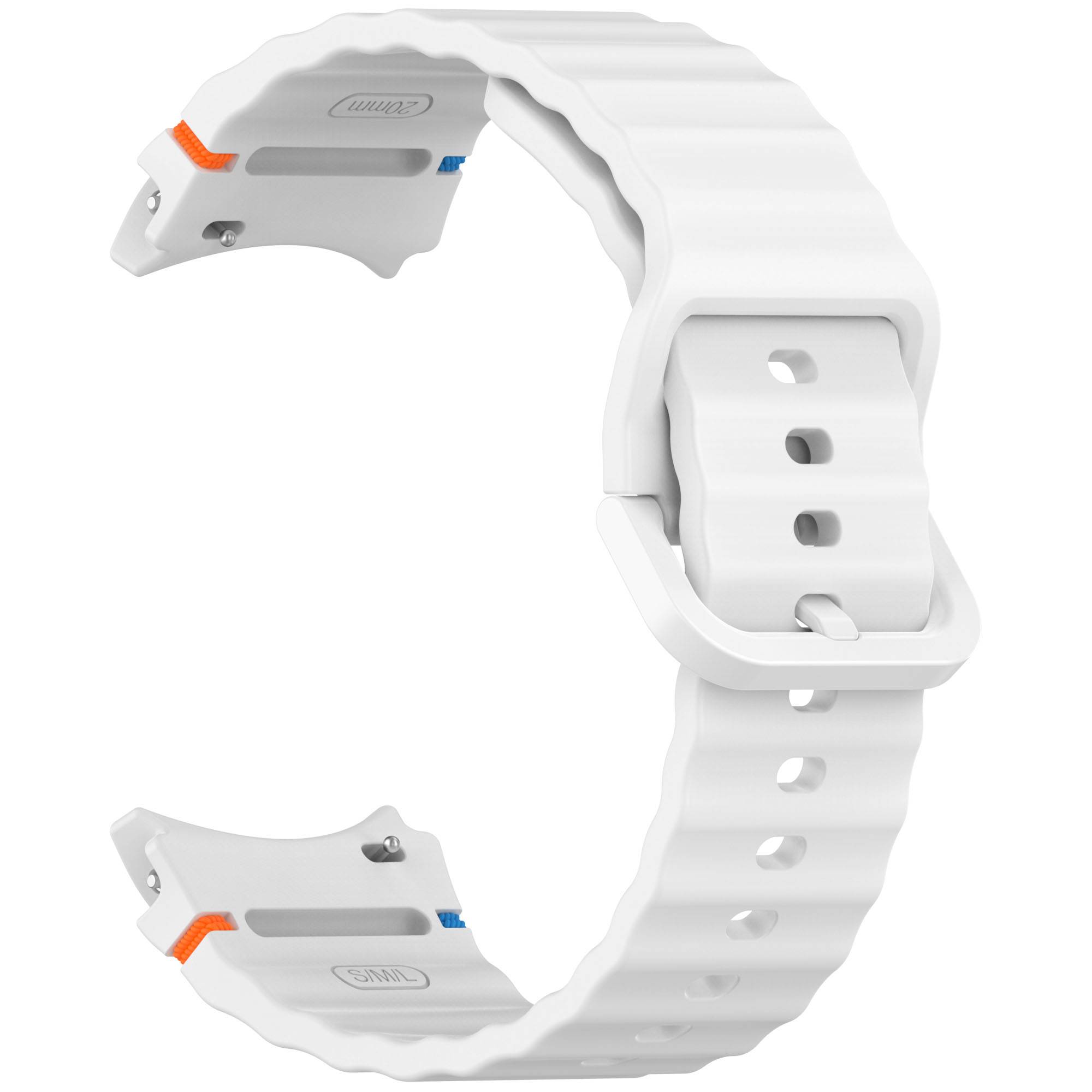 Weiße Smartwatch-Armband mit gebogenem, strukturiertem Band und silbernen Schnallen, isoliert auf weißem Hintergrund dargestellt.