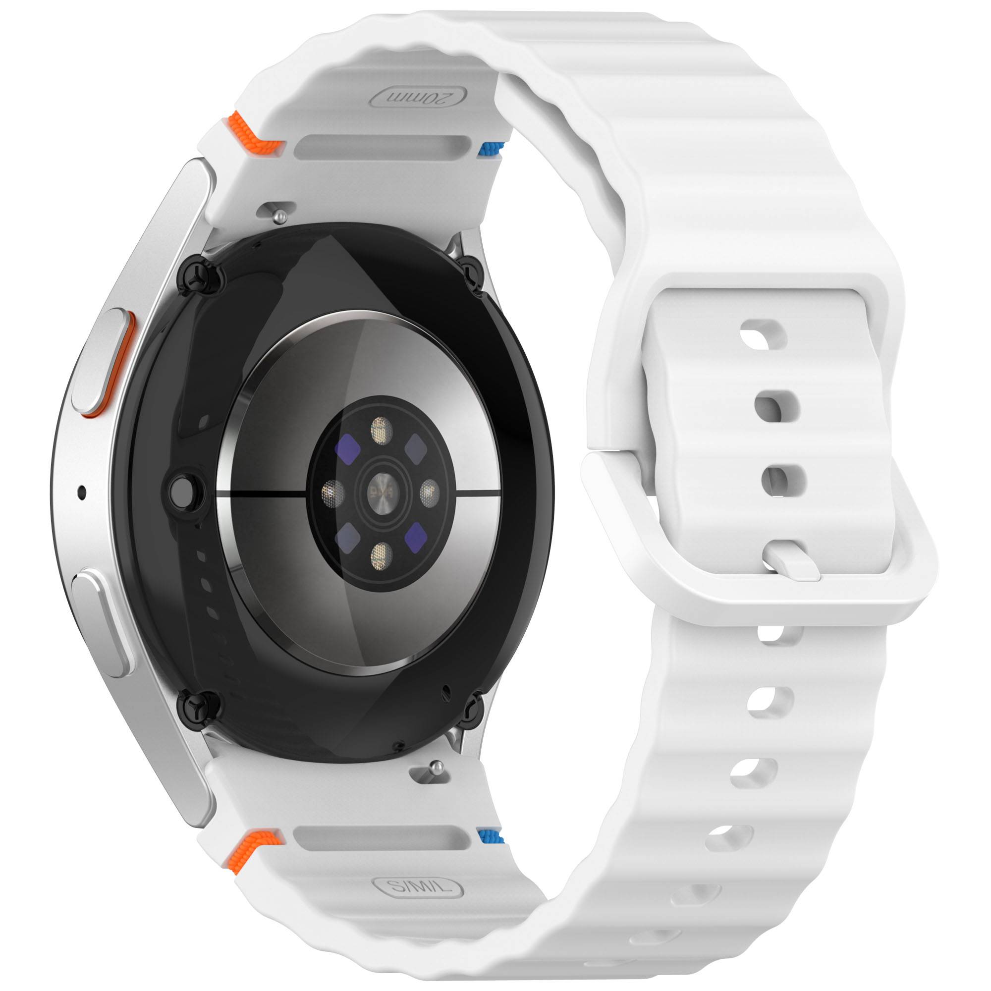 Weiße Smartwatch von hinten gezeigt, mit Hervorhebung des runden Sensormoduls, des silbernen Gehäuses und des weißen perforierten Silikon-Armbands.