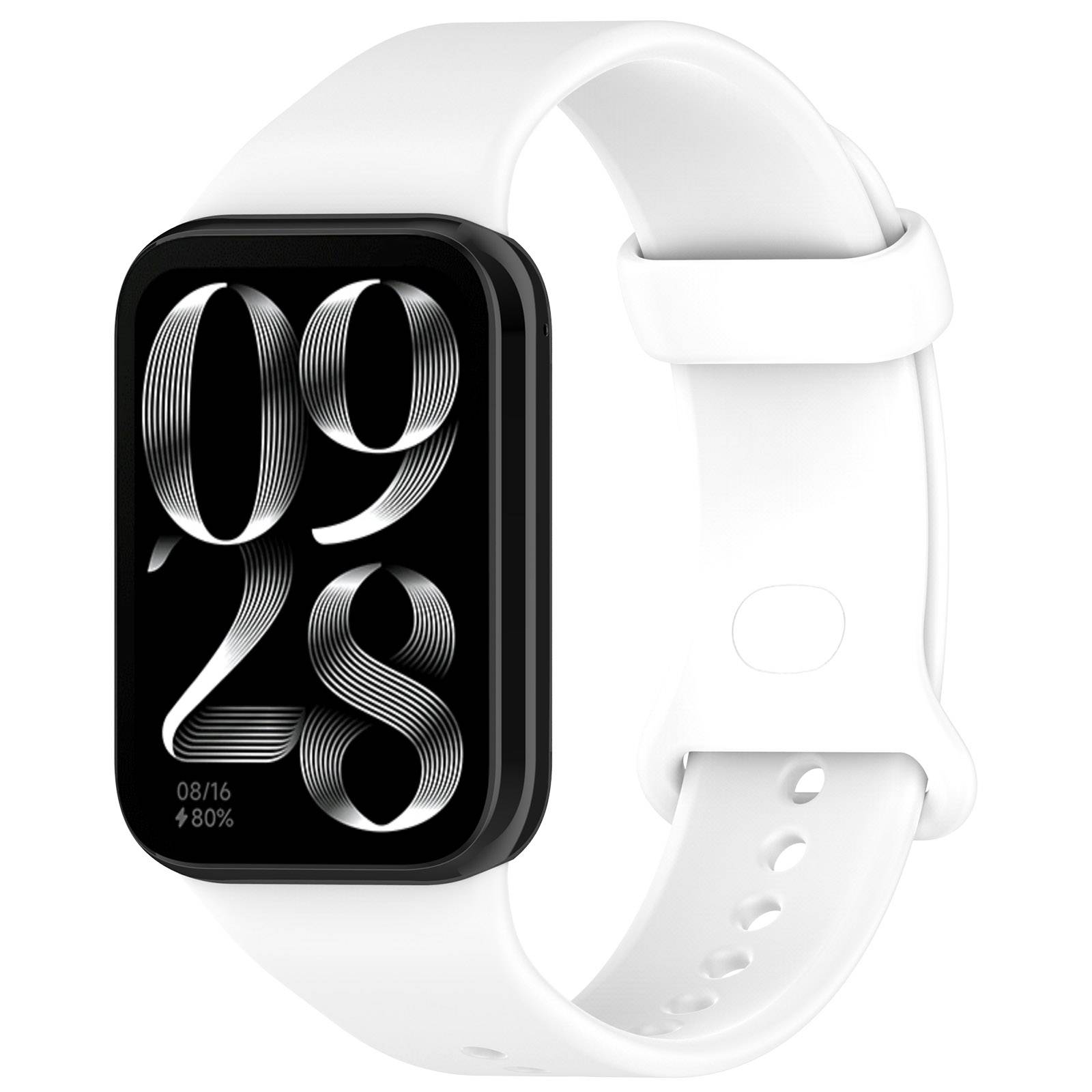 Eine schwarze Smartwatch mit weißem Armband zeigt die Uhrzeit 09:28 und kleinen Text 08/16 80% auf ihrem Display an.