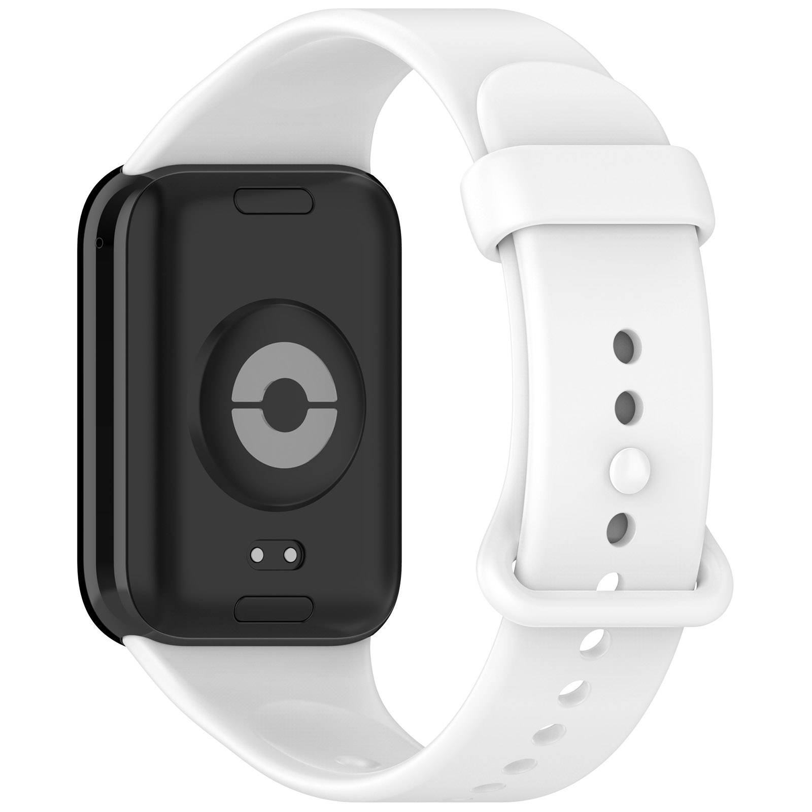 Weiße Smartwatch mit schwarzem rechteckigem Display und weißem Silikonband, dargestellt in einer Produktansicht auf einfachem Hintergrund.