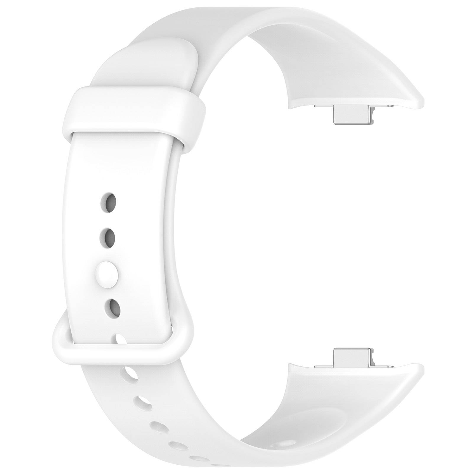 Weißes Silikon-Smartwatch-Armband mit einer Schließe und verstellbaren Löchern, geöffnet vor einem einfarbigen Hintergrund dargestellt.