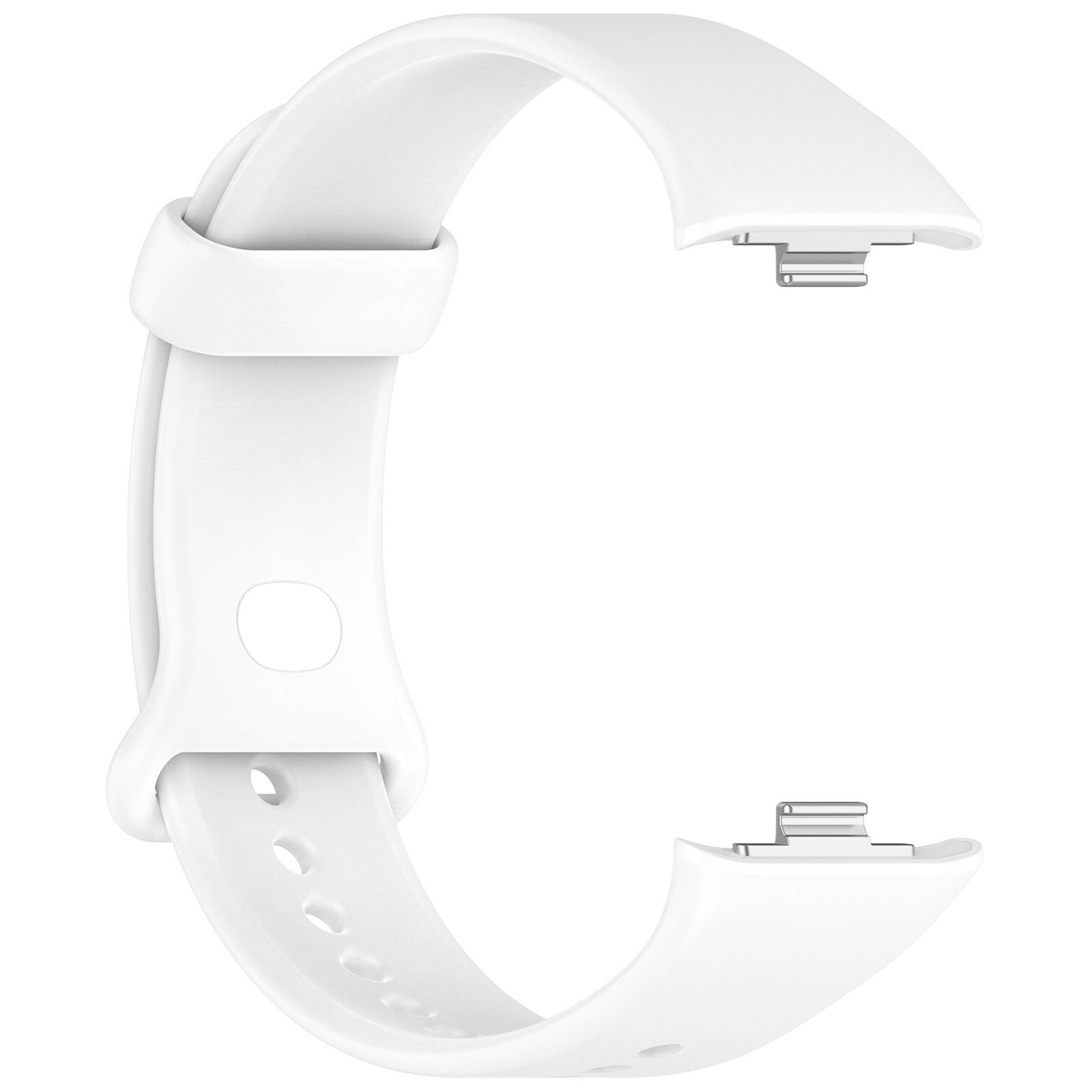 Weißes Smartwatch-Armband, das in einer gekrümmten C-Form geöffnet auf neutralem Hintergrund dargestellt ist, mit sichtbaren Verbindungsverschlüssen an beiden Enden.