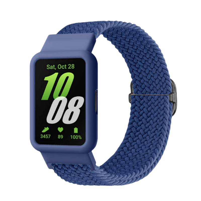 Blaue Fitness-Smartwatch mit gewebtem blauem Armband, zeigt die Zeit 10:08, Datum Sa., 28. Okt. und Schritt-, Herzfrequenz- und Batteriesymbole auf dem Bildschirm an.