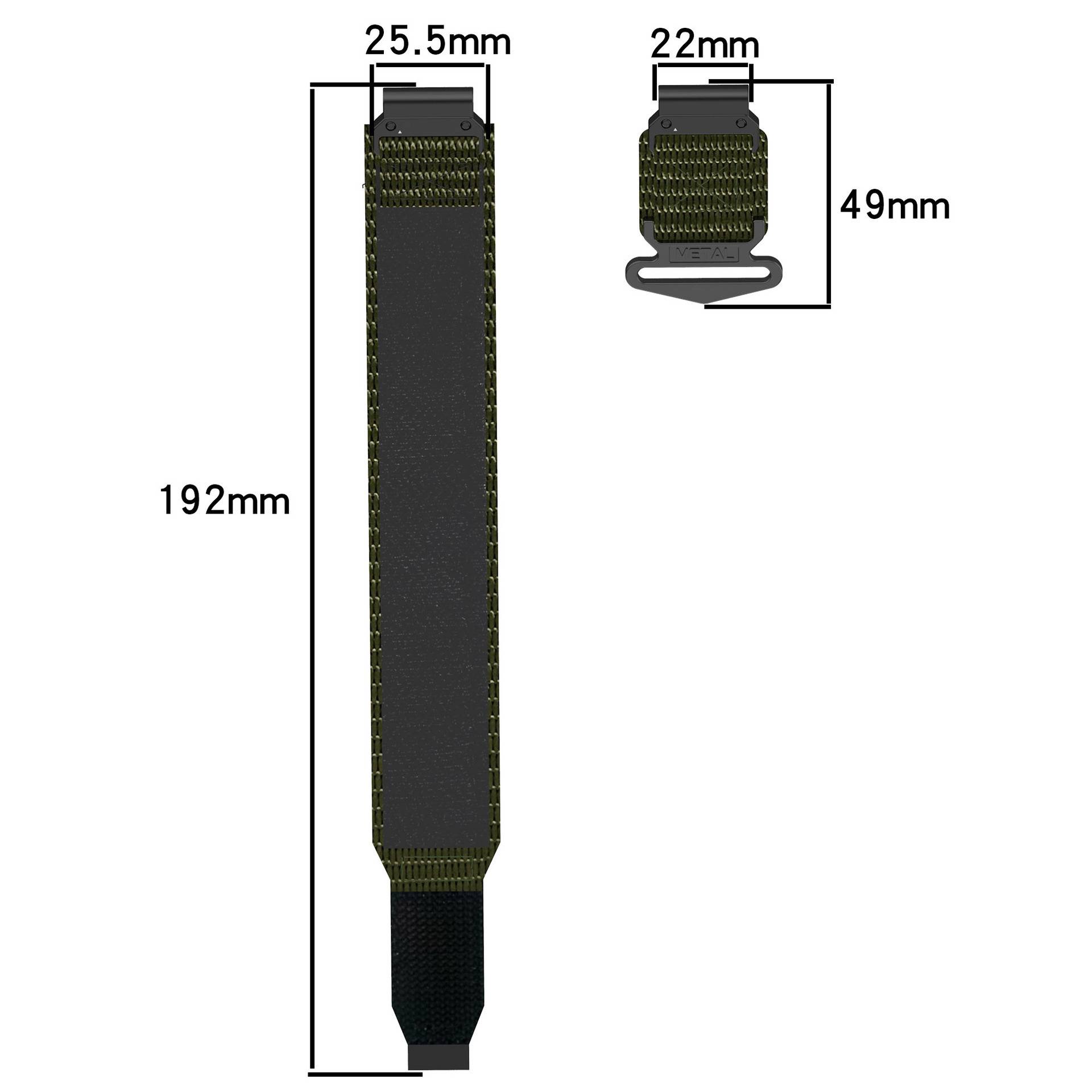 Dimensionierter schwarzer Nylonriemen mit Schnalle, zeigt Gesamtgröße 192 mm lang, 25,5 mm breit und Schnallenende 22 mm x 49 mm.