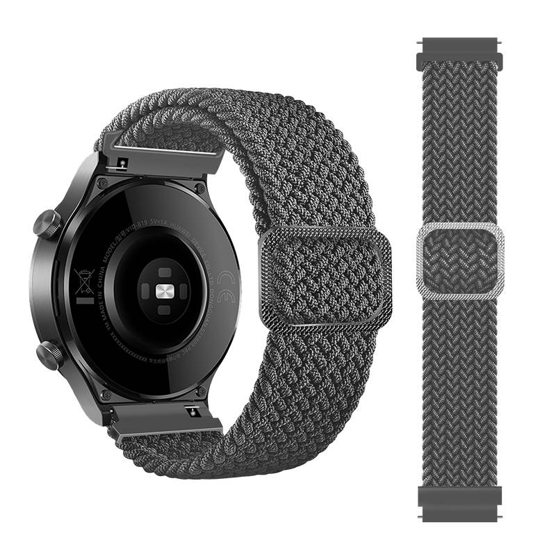 Rückansicht einer Smartwatch mit dunklem gewebtem Armband und Schnalle, neben dem flach ausgelegten Armband, um das Riemendesign zu zeigen.