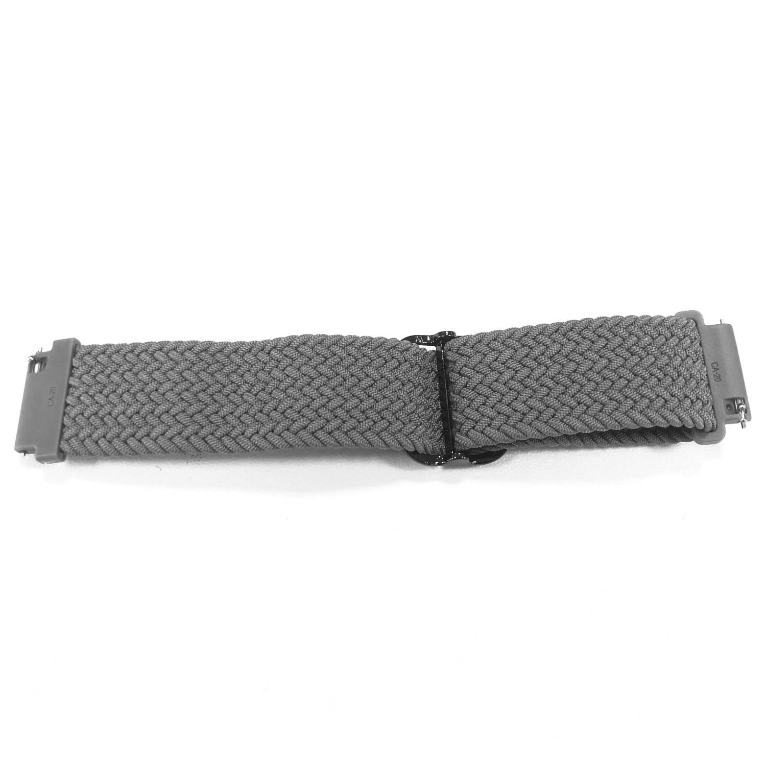 Graues gewebtes Uhrenarmband mit Metallverschluss, flach auf weißem Hintergrund angeordnet.