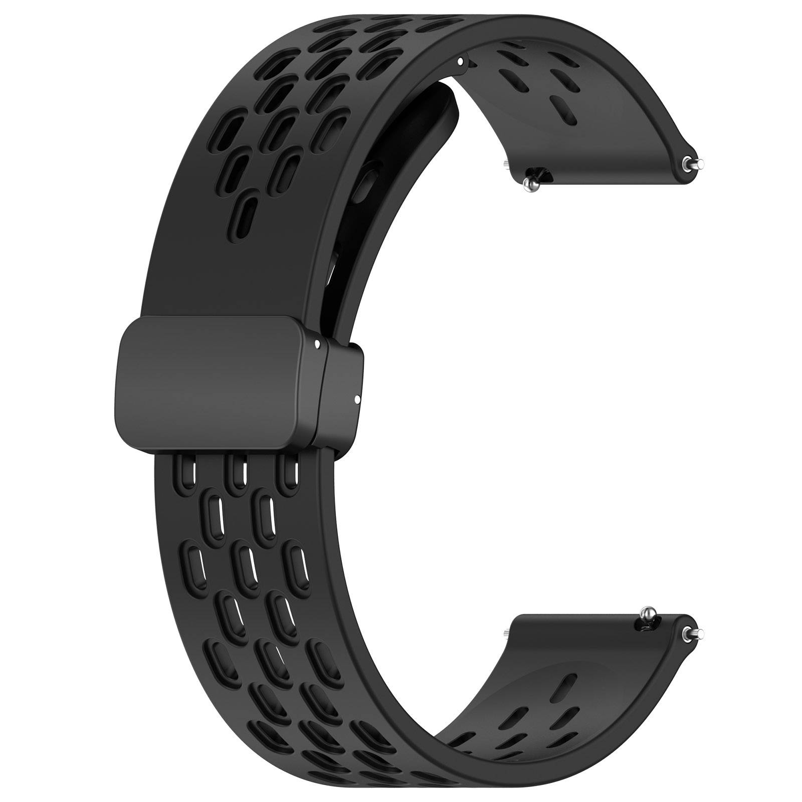 Schwarzes durchbrochenes Smartwatch-Armband mit Schnallenverschluss, isoliert auf weißem Hintergrund dargestellt.
