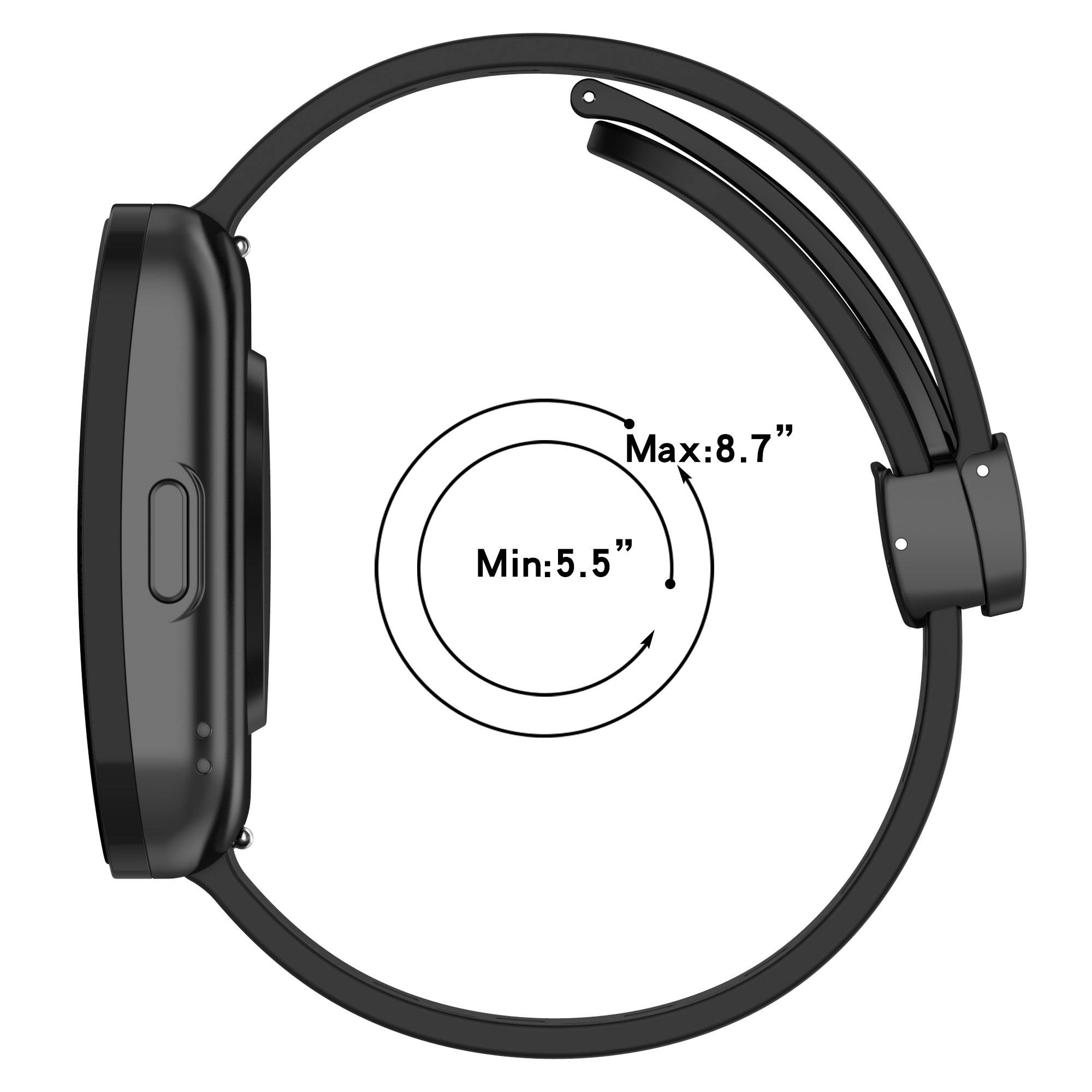 Seitenansicht einer schwarzen Smartwatch mit anpassbarem Armband und angezeigtem Größenbereich: Min: 5,5