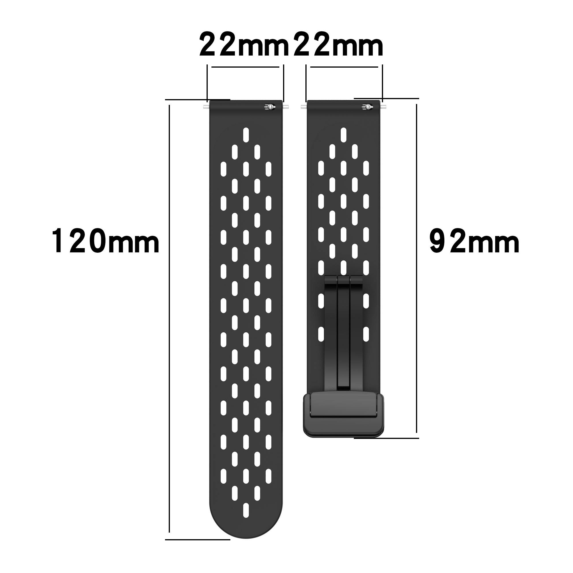 Diagramm eines schwarzen perforierten Uhrenarmbands: 22 mm breit, insgesamt 120 mm lang, mit dem kürzeren Abschnitt 92 mm lang und einer Schnallenverschluss.
