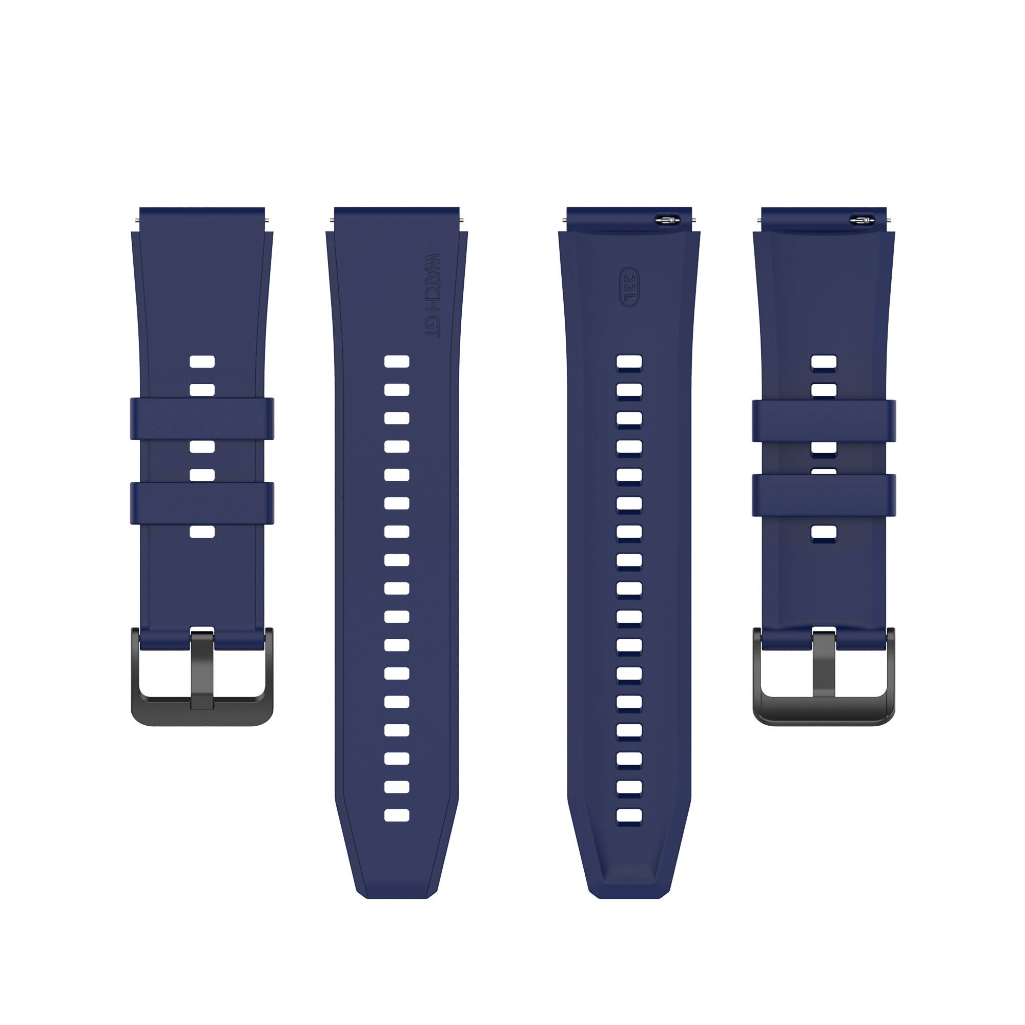 Vier Ansichten eines dunkelblau gefärbten Uhrenarmband mit einer silbernen Schnalle und mehreren Verstellungslöchern, von vorne und hinten auf weißem Hintergrund gezeigt.