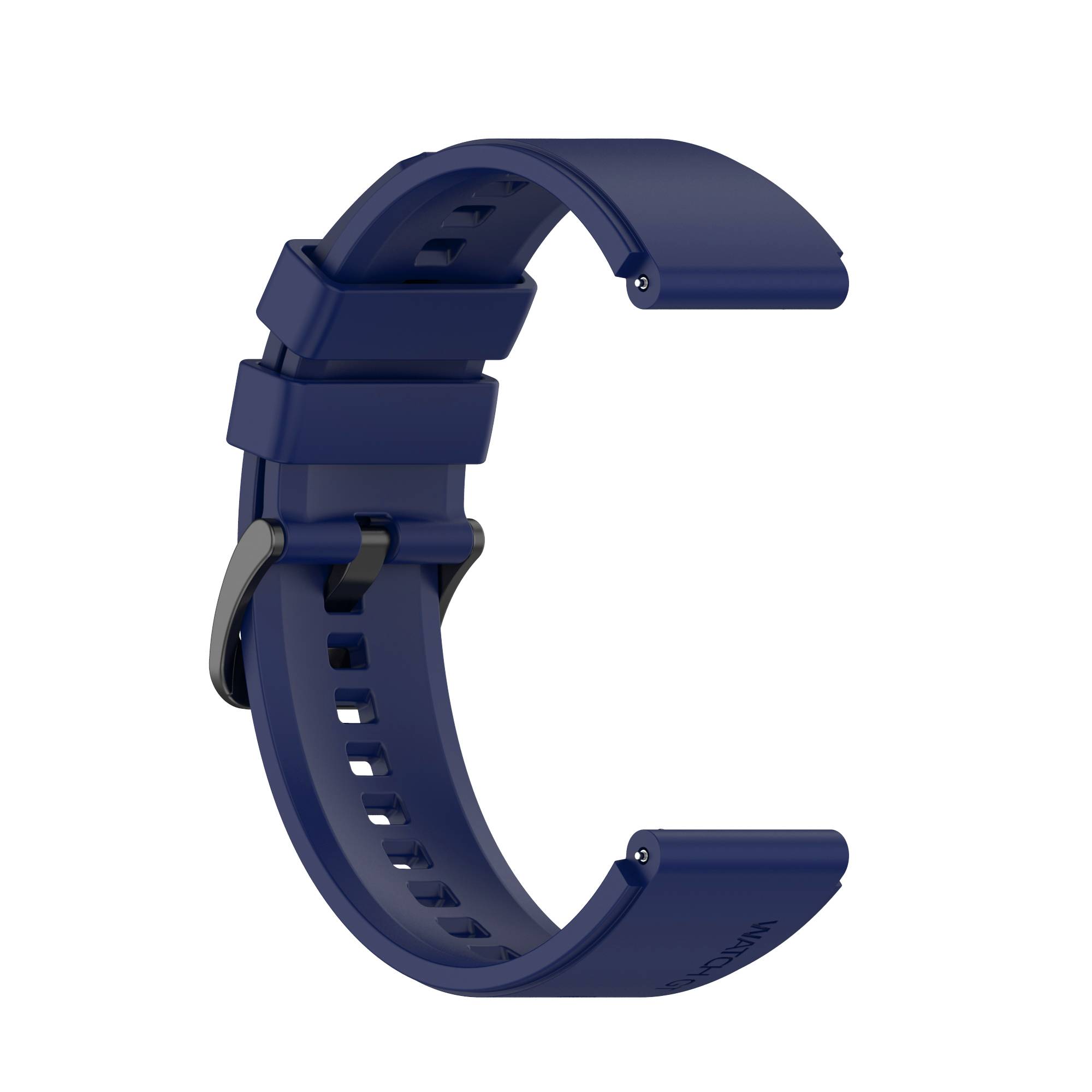 Dunkelblau Silikon-Smartwatch-Armband mit silberner Schnalle, isoliert auf weißem Hintergrund dargestellt.