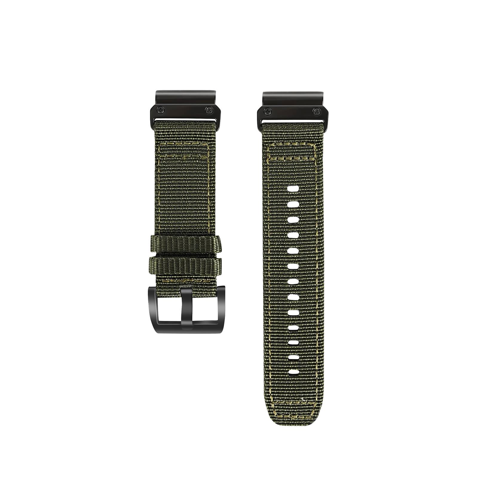 Olivgrünes Nylon-Uhrenarmband mit schwarzer Schließe, vorne und hinten auf weißem Hintergrund gezeigt.