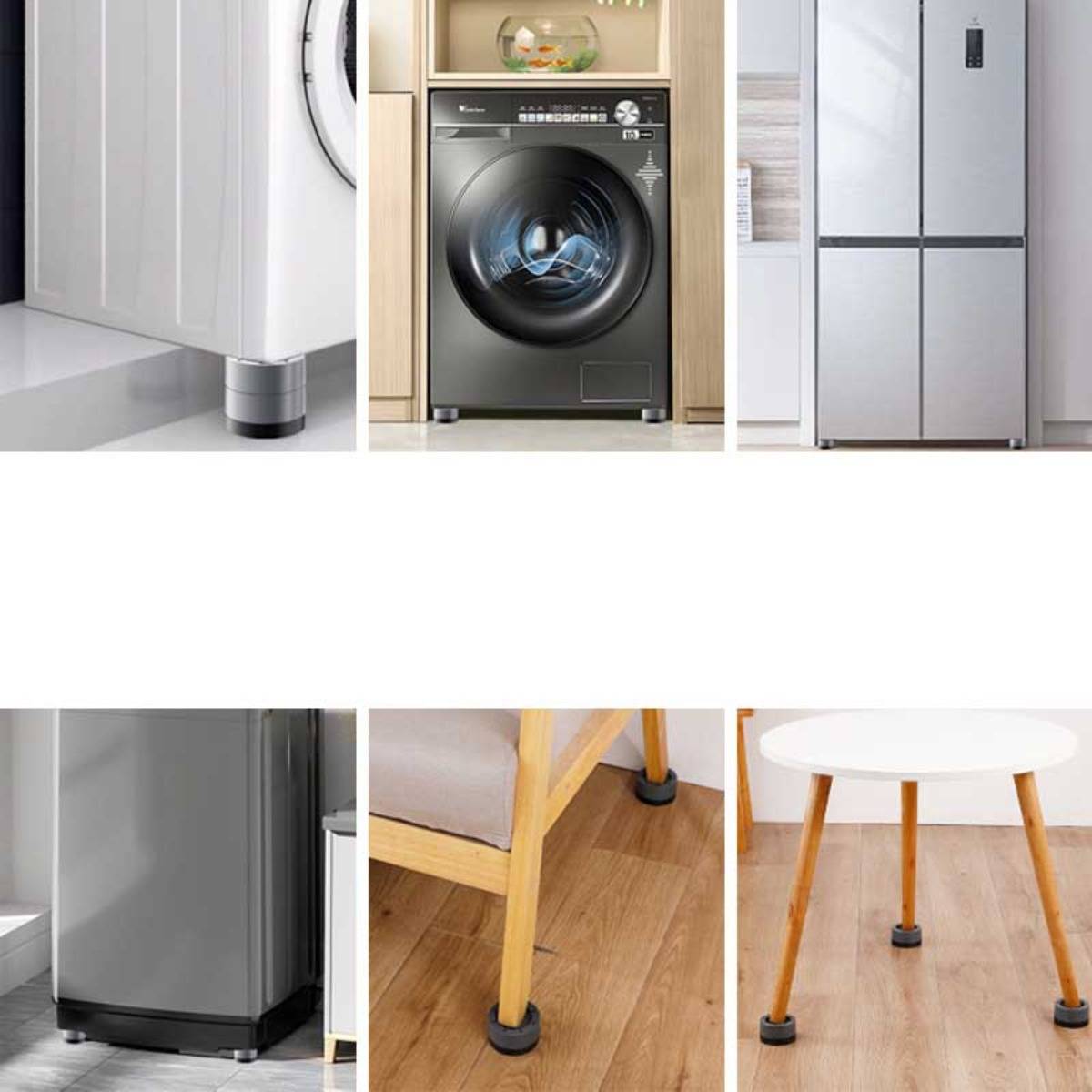 Collage von Haushaltsgeräten und Möbeln mit verstellbaren Schwingungsdämpfungsfüßen oder -pads unter einer Waschmaschine, einem Kühlschrank, einem Stuhl und einem Tisch.