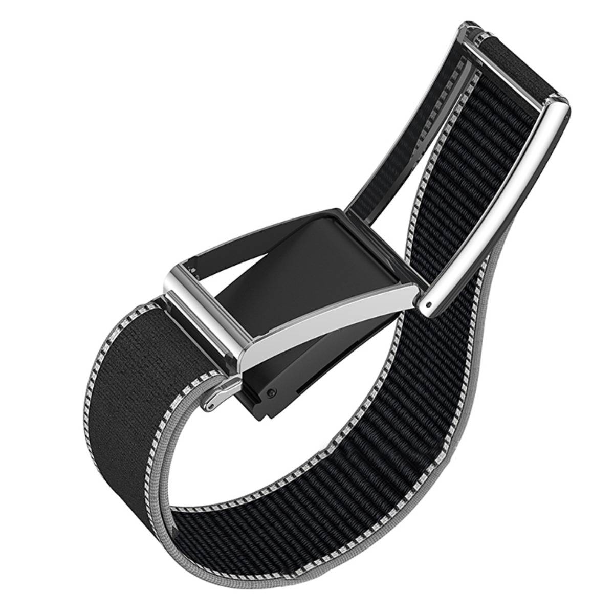 Schwarzes strukturiertes Uhrenarmband mit silberner Metallschließe und rechteckiger Schnalle, dargestellt auf weißem Hintergrund.
