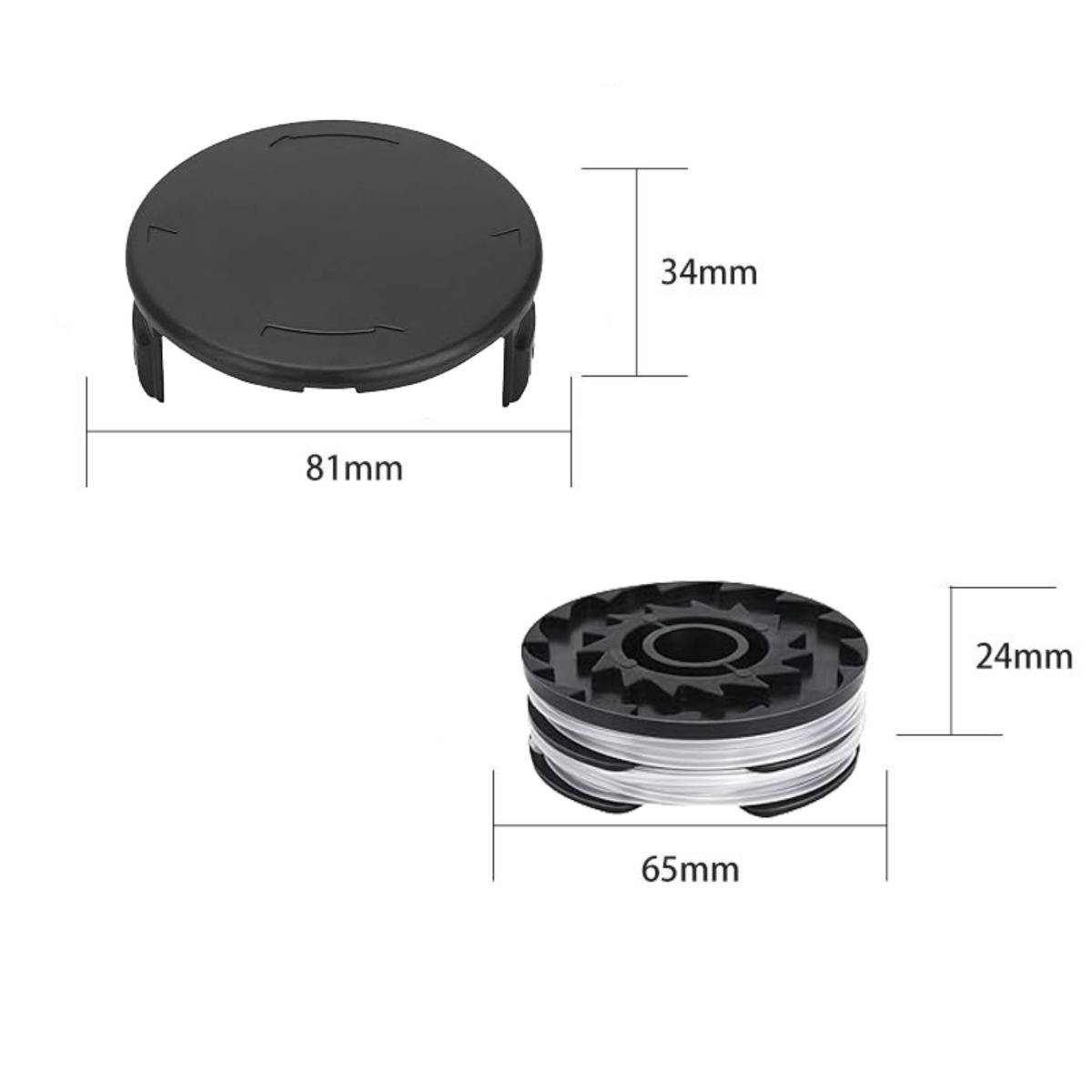 Produktdimensionsdiagramm mit einer schwarzen runden Kappe, 81mm breit und 34mm hoch, und einem Spulenteil, 65mm breit und 24mm hoch.