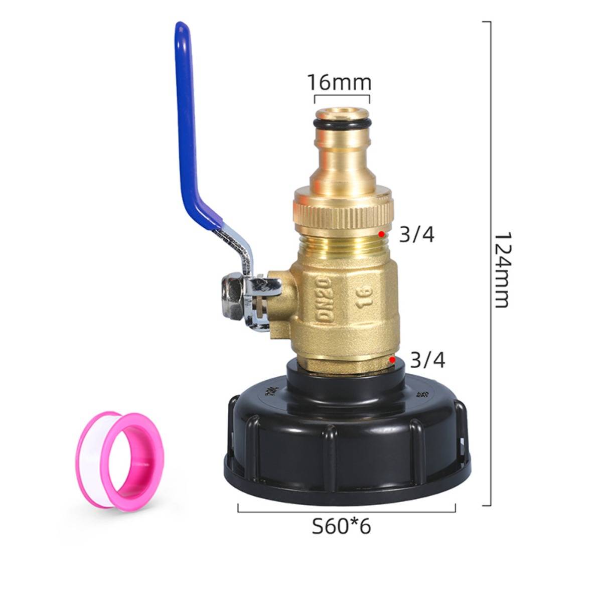 Produktdiagramm eines Messingventils mit blauem Hebel, schwarzer Basis und rosa Dichtung, beschriftet mit Abmessungen von 124 mm Höhe, 16 mm oben und S60*6-Basis, plus 3/4-Anschlüsse.