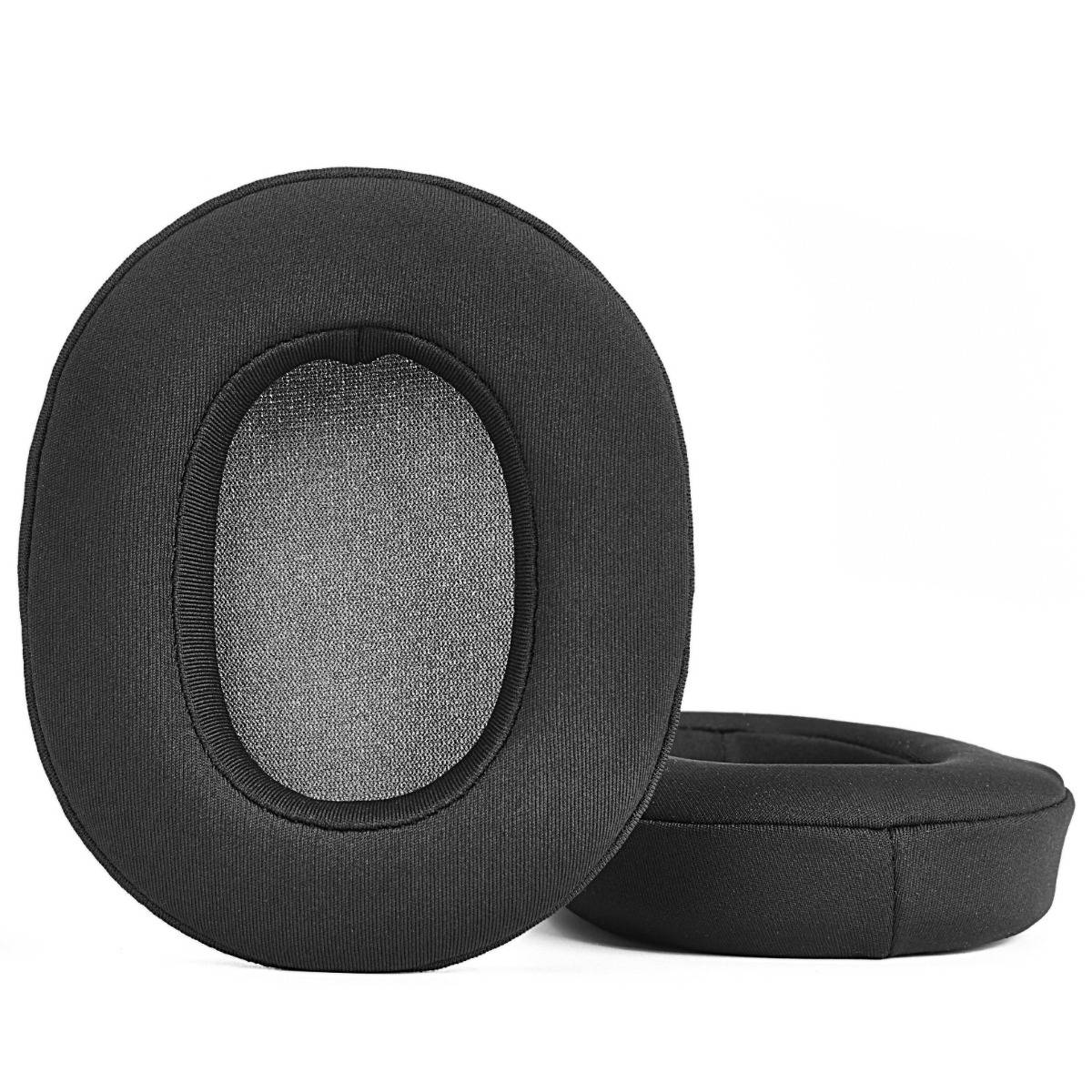 Schwarze Over-Ear-Ersatzohrpolster mit ovalen grauen Netzstoffmittelteilen, auf weißem Hintergrund abgebildet.