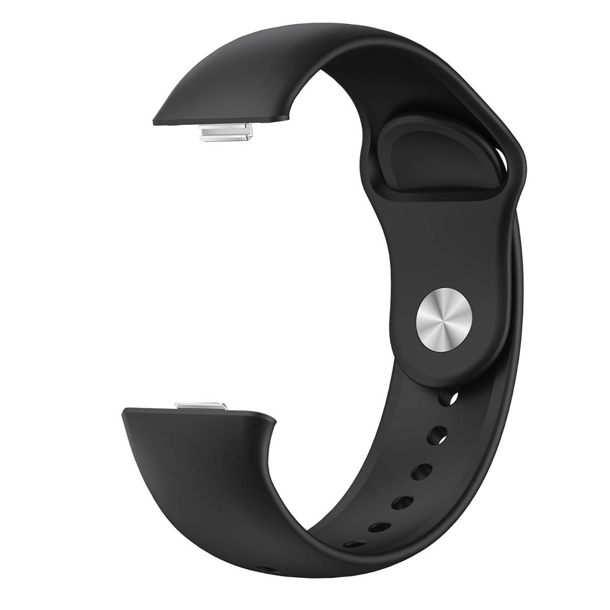 Schwarzes Smartwatch-Armband mit gebogenem Verschluss, silbernem Knopf und verstellbaren Löchern auf weißem Hintergrund.