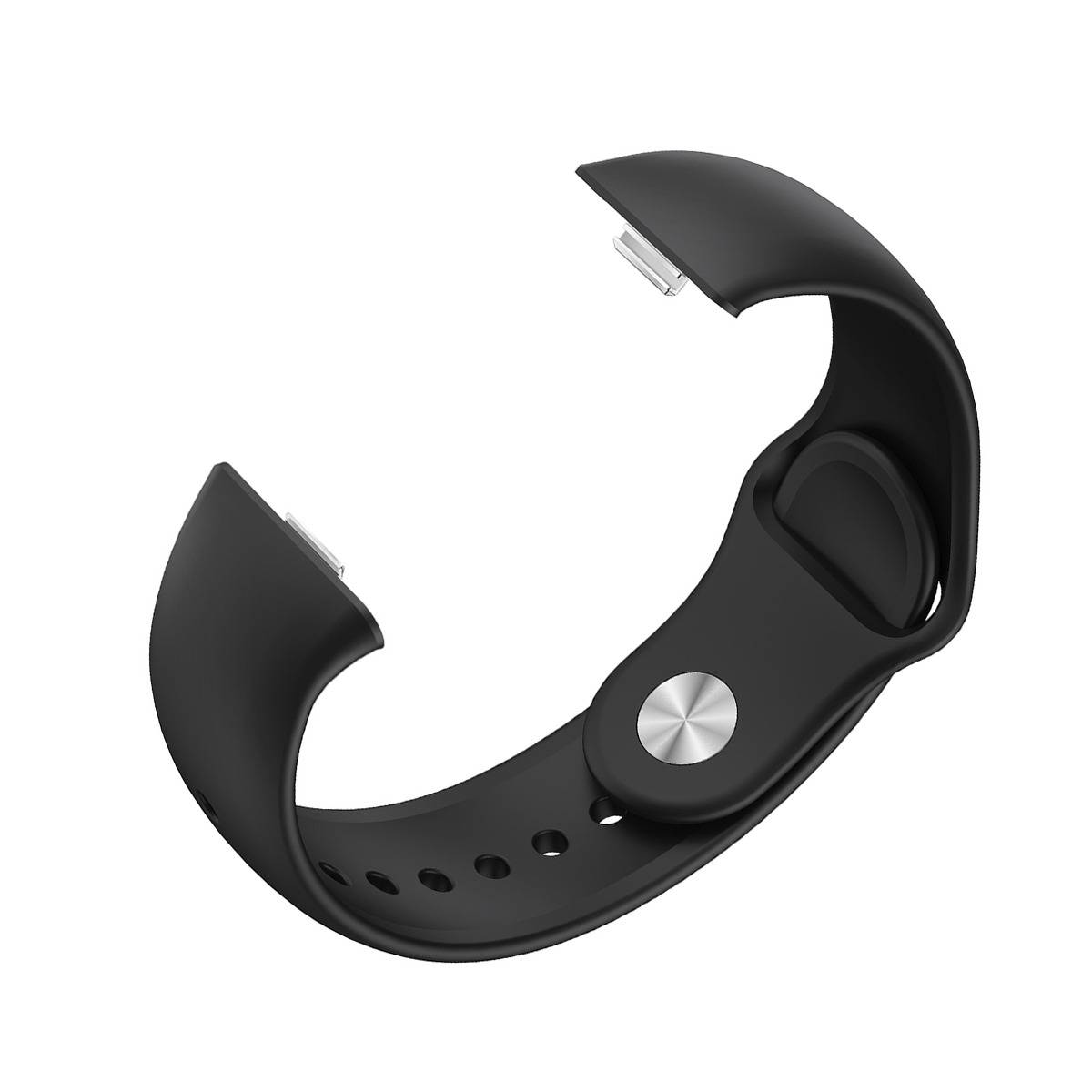 Schwarzes verstellbares Armband mit gebogenem Verschluss und gelochtem Riemen, isoliert auf weißem Hintergrund dargestellt.