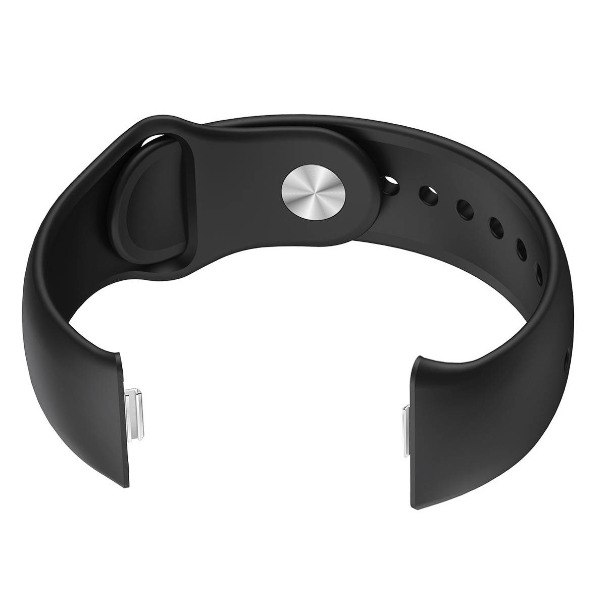Schwarzes Smartwatch-Armband mit Verschluss und runder silberner Schaltfläche, offen auf weißem Hintergrund dargestellt.