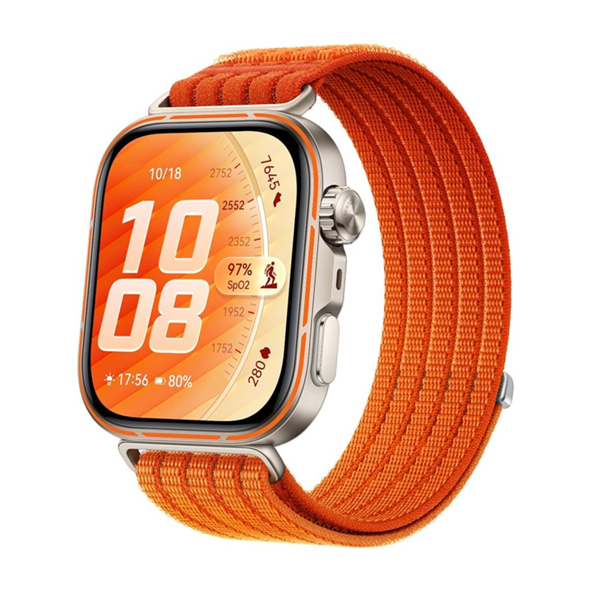 Orangefarbige Smartwatch mit gewebtem orangefarbenem Armband, zeigt 10:08 und Gesundheitsstatistiken einschließlich 97% SpO2, Akku 80% und Datum 10/18.