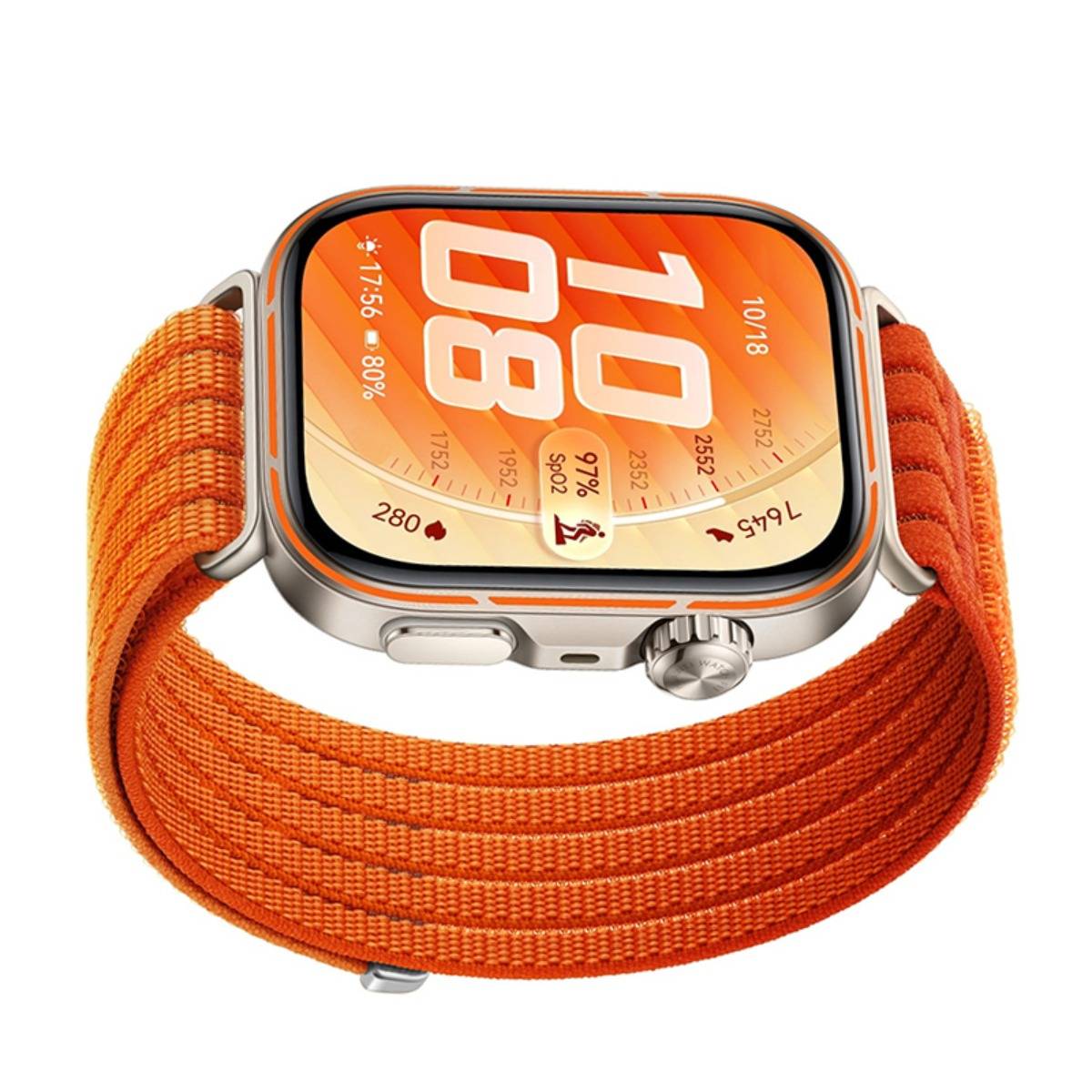 Orange-Armband-Smartwatch mit hellem orangefarbenem Zifferblatt, das große numerische Komplikationen anzeigt, und robustem Metallgehäuse.