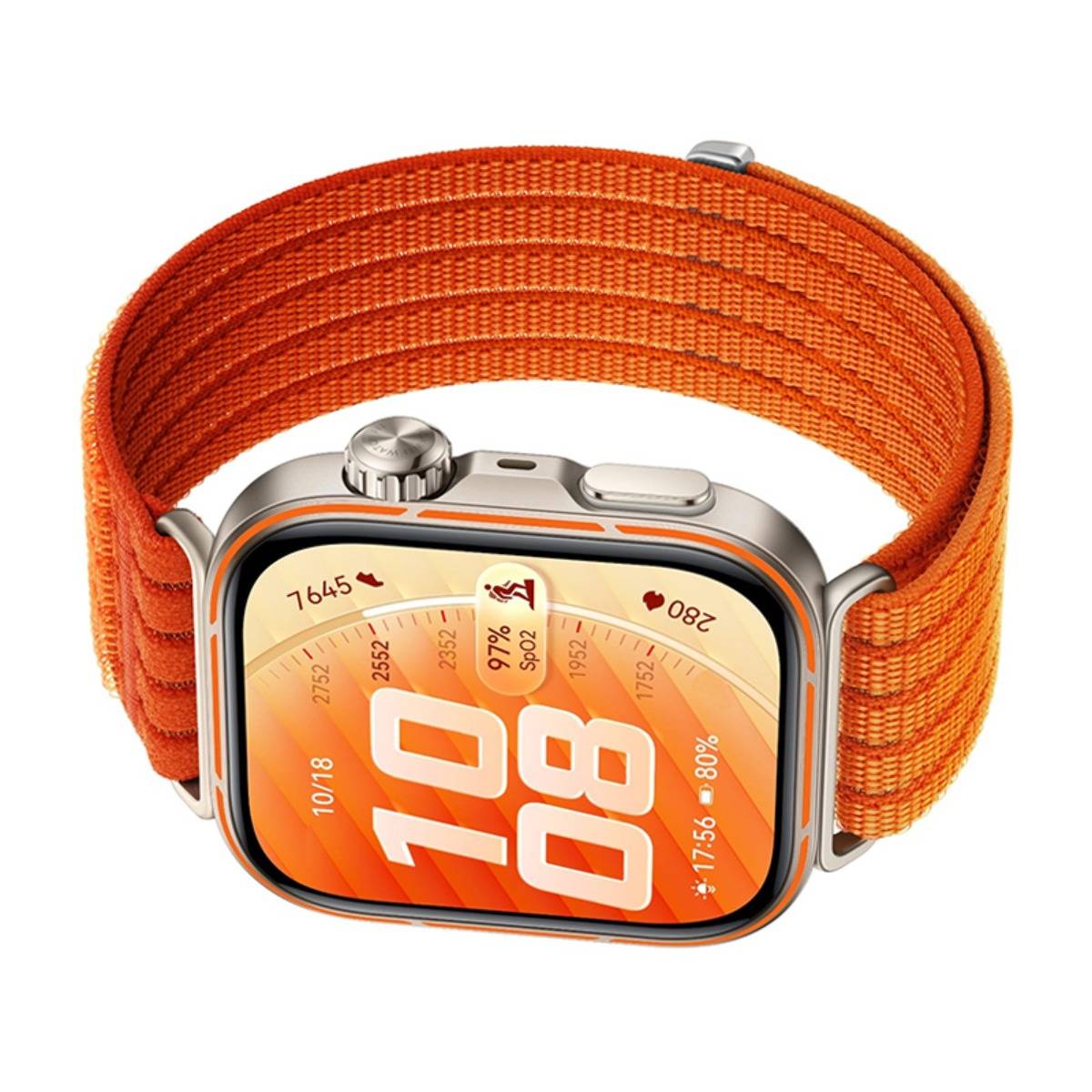 Quadratische Smartwatch mit orangefarbenem Gewebteband zeigt orangefarbiges Analog-Digital-Zifferblatt und Fitness-Statistiken rund um das Zifferblatt.