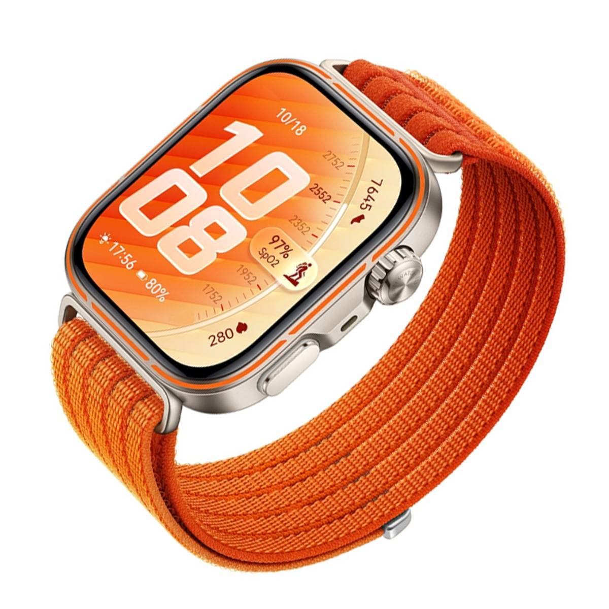 Orange Smartwatch mit passendem orange gewebtem Armband, zeigt ein helles orange digitales Zifferblatt mit Uhrzeit und Fitness-Kennzahlen.
