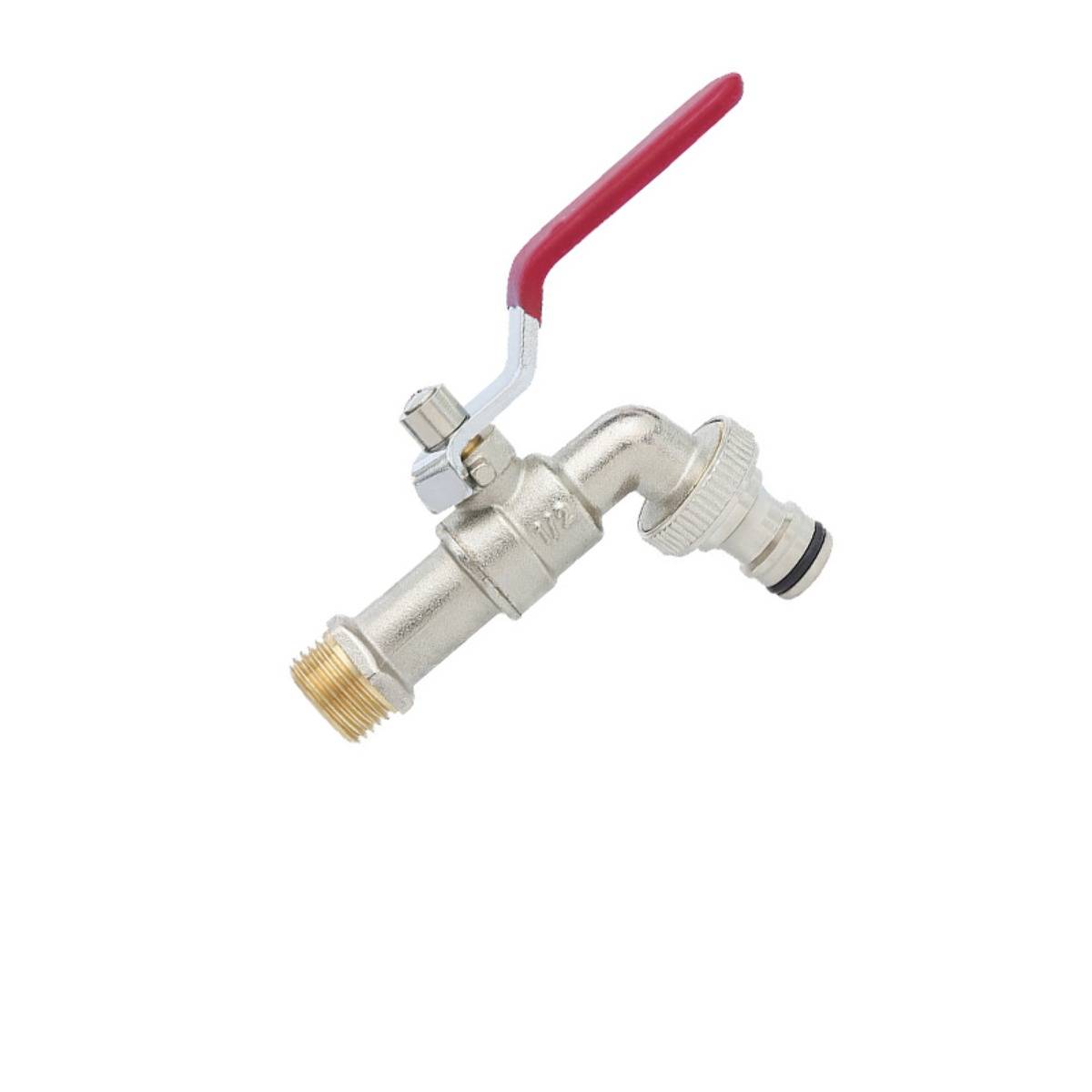 Metallwasserventil mit rotem Hebelgriff und Gewinde-Anschlüssen auf weißem Hintergrund.
