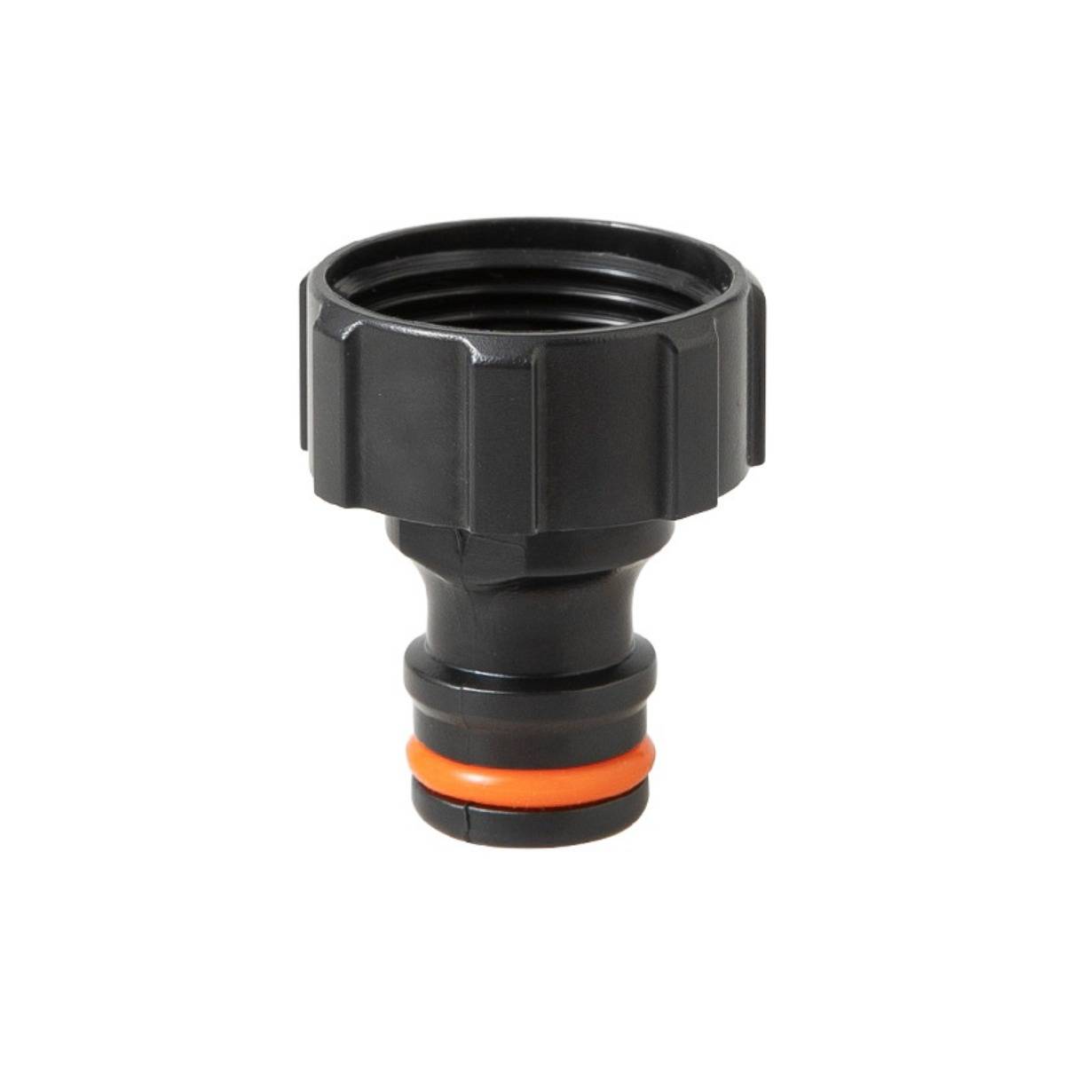 Schwarzer Kunststoffschlauchadapter mit Gewindeöffnung und orangefarbigem O-Ring-Dichtung auf weißem Hintergrund
