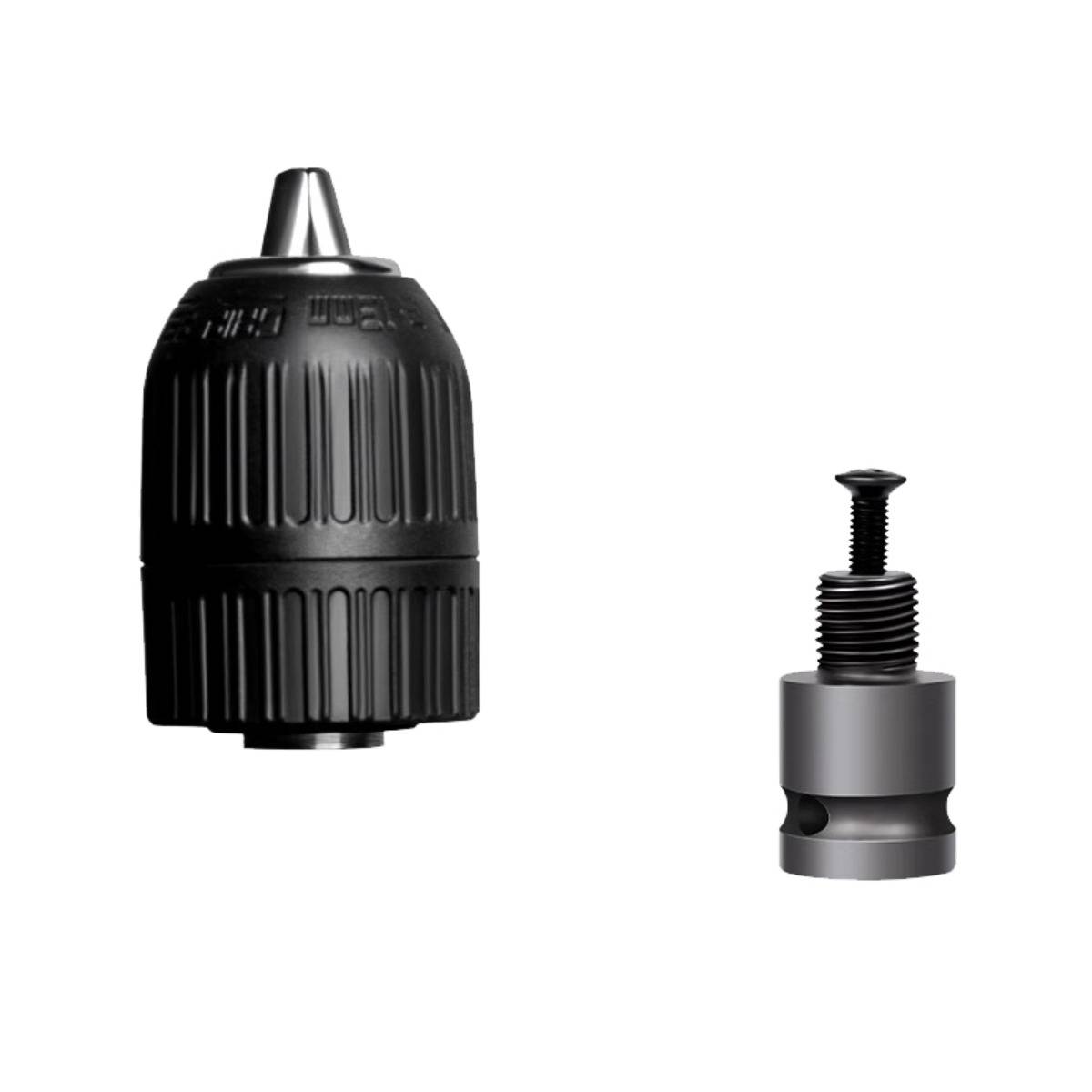 Schwarzes Bohrfutter und ein kleines Adapter-Aufsatz nebeneinander auf weißem Hintergrund dargestellt.