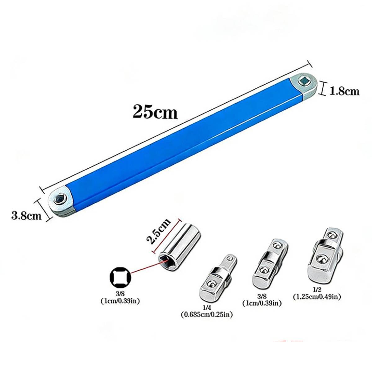Blauer 25 cm verstellbarer Schraubenschlüssel-Verlängerungsstab mit 3/8, 1/4 und 1/2 Antriebsadaptergröße in einem Teilediagramm dargestellt.