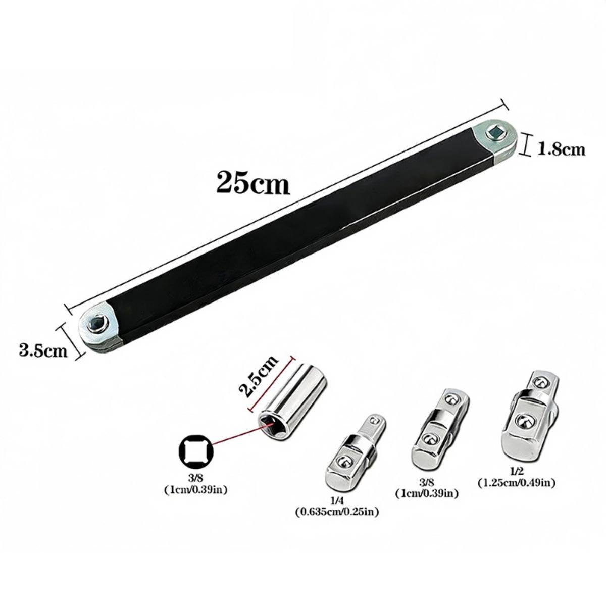 Schwarze 25 cm Verbindungsstange mit Metallenden, gezeigt mit Größenangaben von 3,5 cm und 1,8 cm, plus vier austauschbare Steckadapter in verschiedenen Antriebsgrößen.