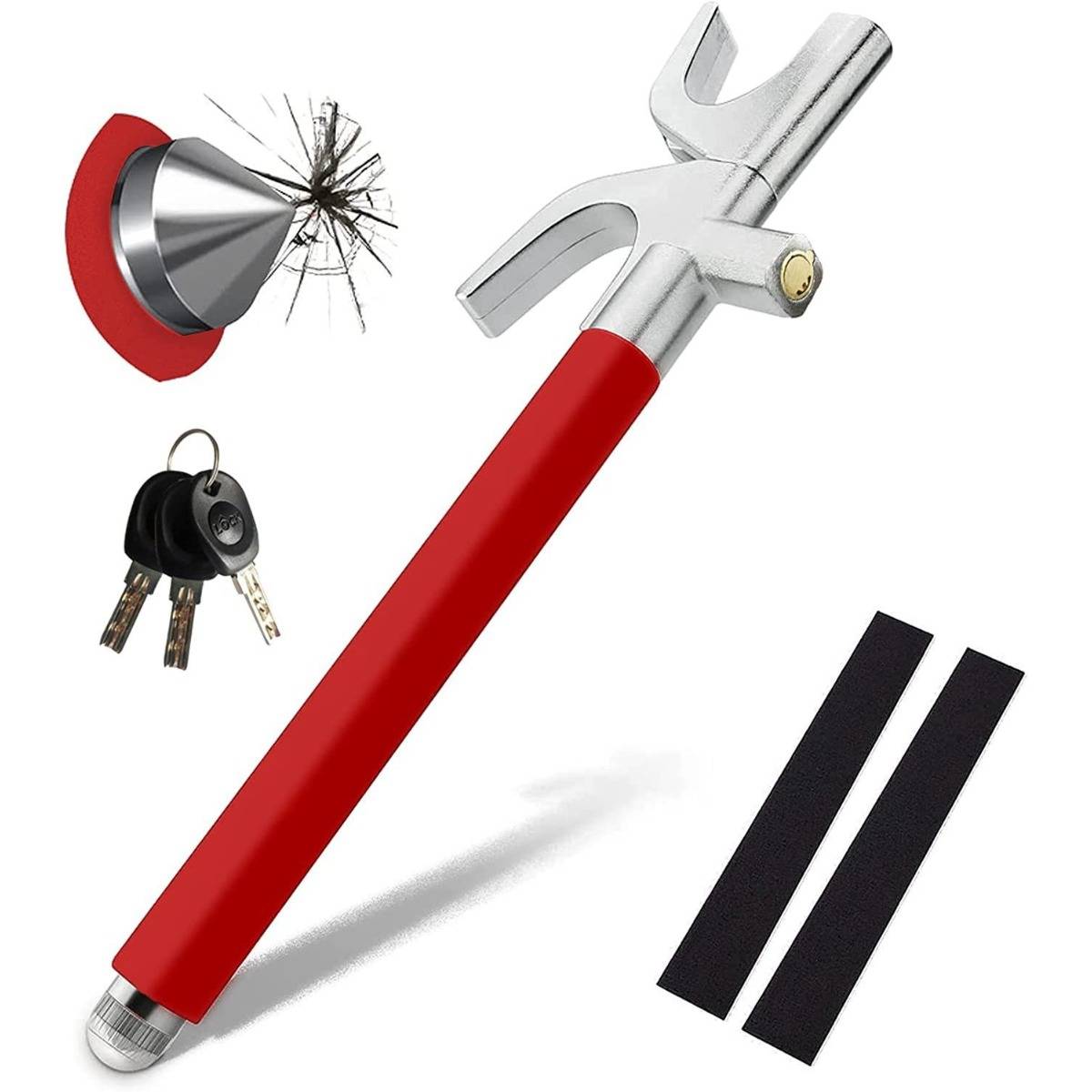 Glassbrecher mit rotem Griff und Sicherheitsgurtschneider-Werkzeug mit Schlüsselring und zwei schwarzen Befestigungsstreifen auf weißem Hintergrund.