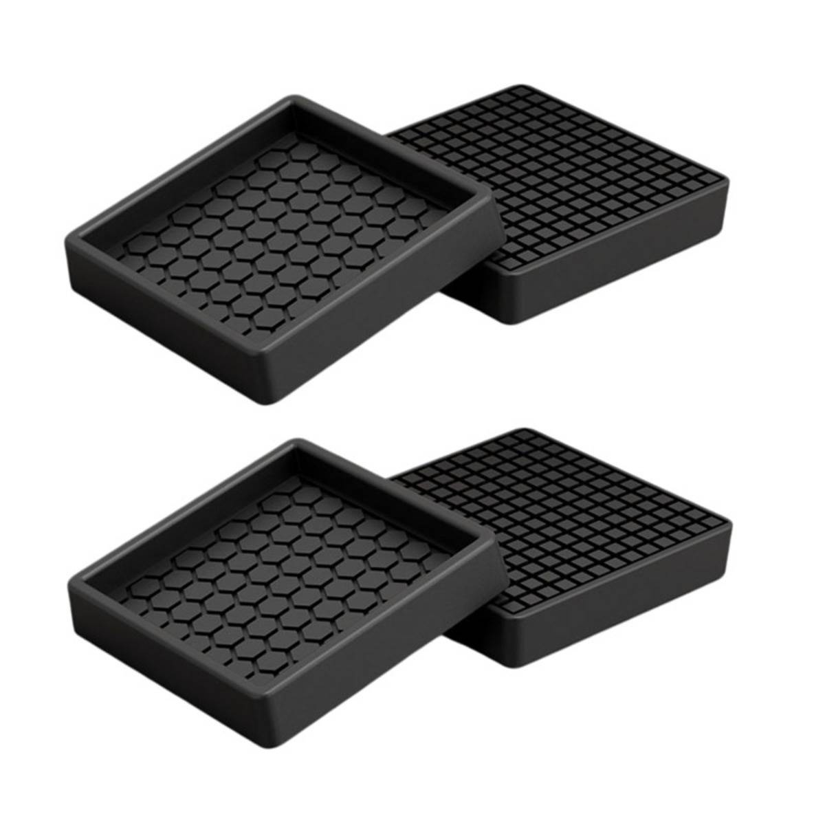 Zwei identische schwarze quadratische Tabletts mit abnehmbaren strukturierten Einsätzen, diagonal gestapelt auf weißem Hintergrund dargestellt.
