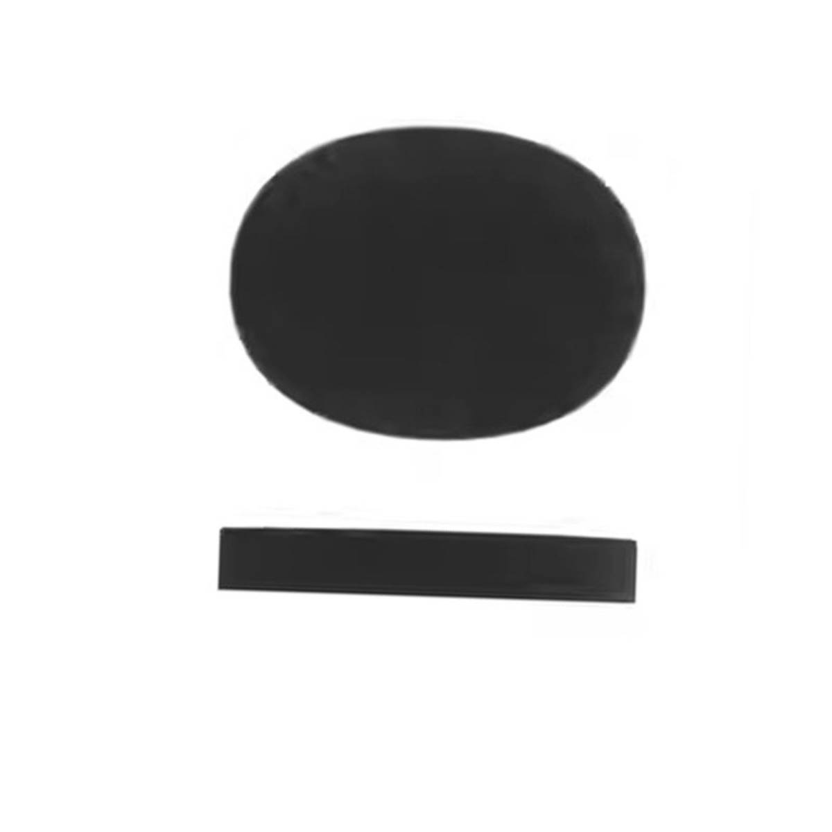 Schwarze ovale Form über einem kurzen horizontalen schwarzen Balken auf weißem Hintergrund, ähnlich einem einfachen Symbol oder Icon.