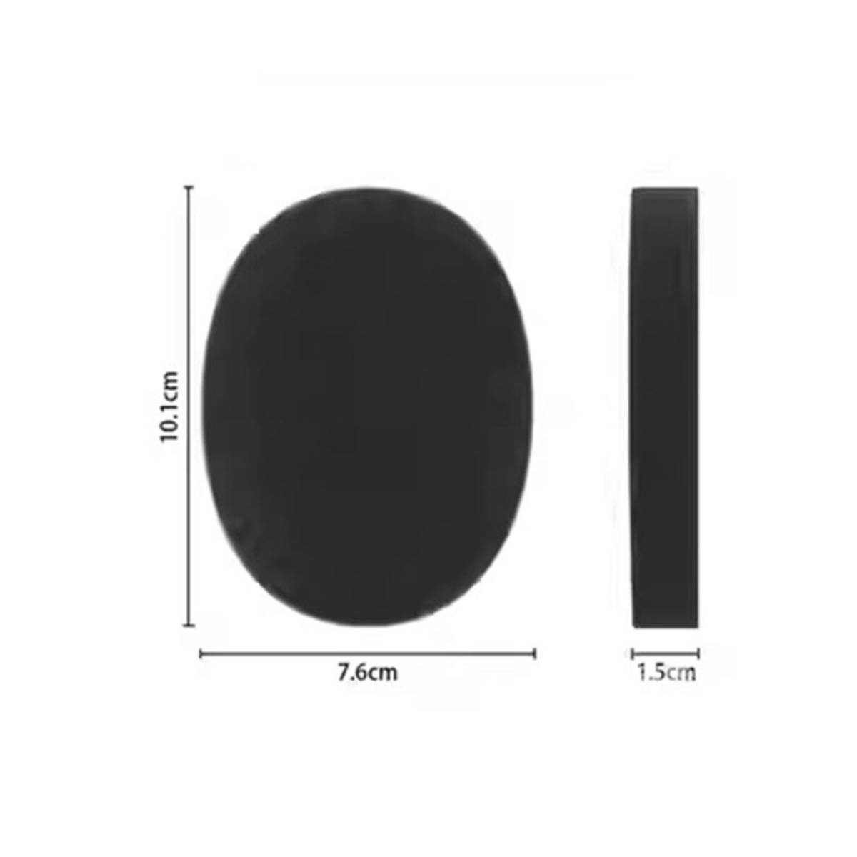 Schwarzes ovales Objekt, dargestellt in Frontal- und Seitenansicht mit beschrifteten Abmessungen von 10,1 cm Höhe, 7,6 cm Breite und 1,5 cm Dicke.