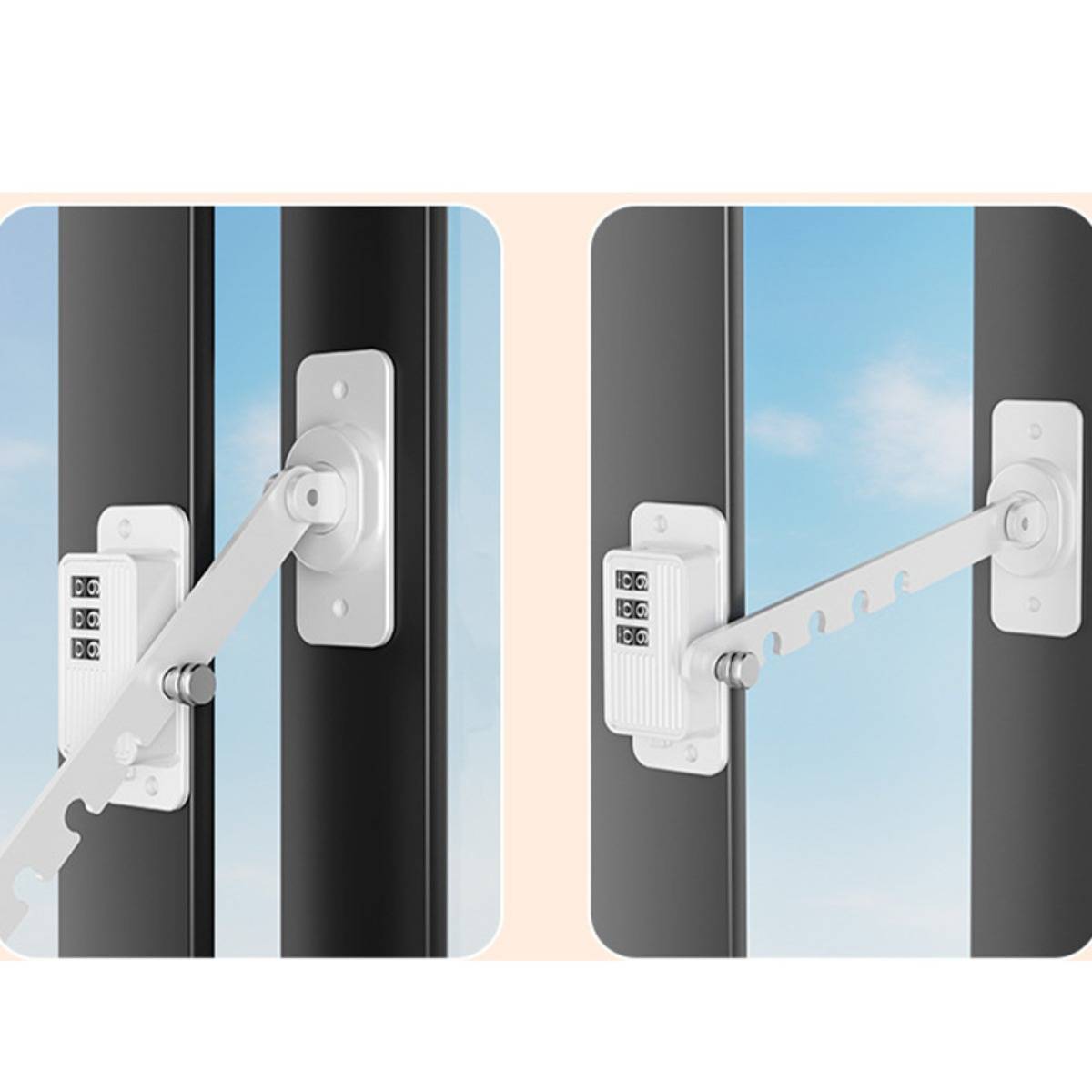 Vergleich eines Fenster-Sicherheitsreglers: Links wird ein kurzer gesperrter Arm gezeigt, der die Öffnung begrenzt, rechts ein längerer verstellbarer Arm, der dem Fenster ermöglicht, sich weiter zu öffnen und dabei gesichert zu bleiben.