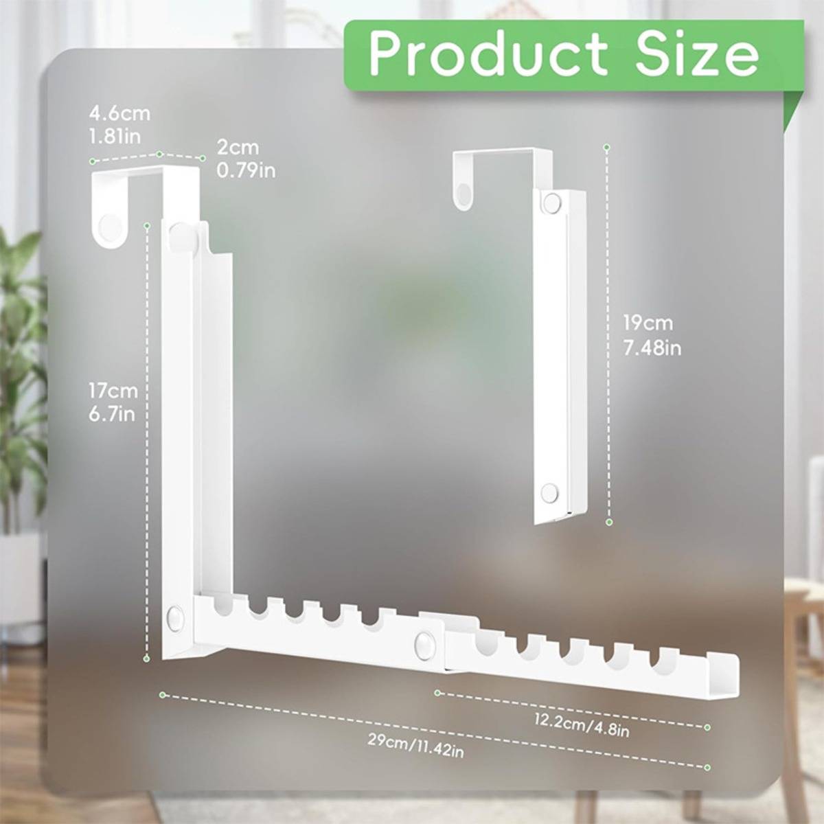 Produktgrößendiagramm zeigt eine weiße wandmontierte Hakenleiste mit den Maßen: 29 cm breit, 17 cm hoch, 19 cm Seitenteil und 4,6 cm oberer Haken.