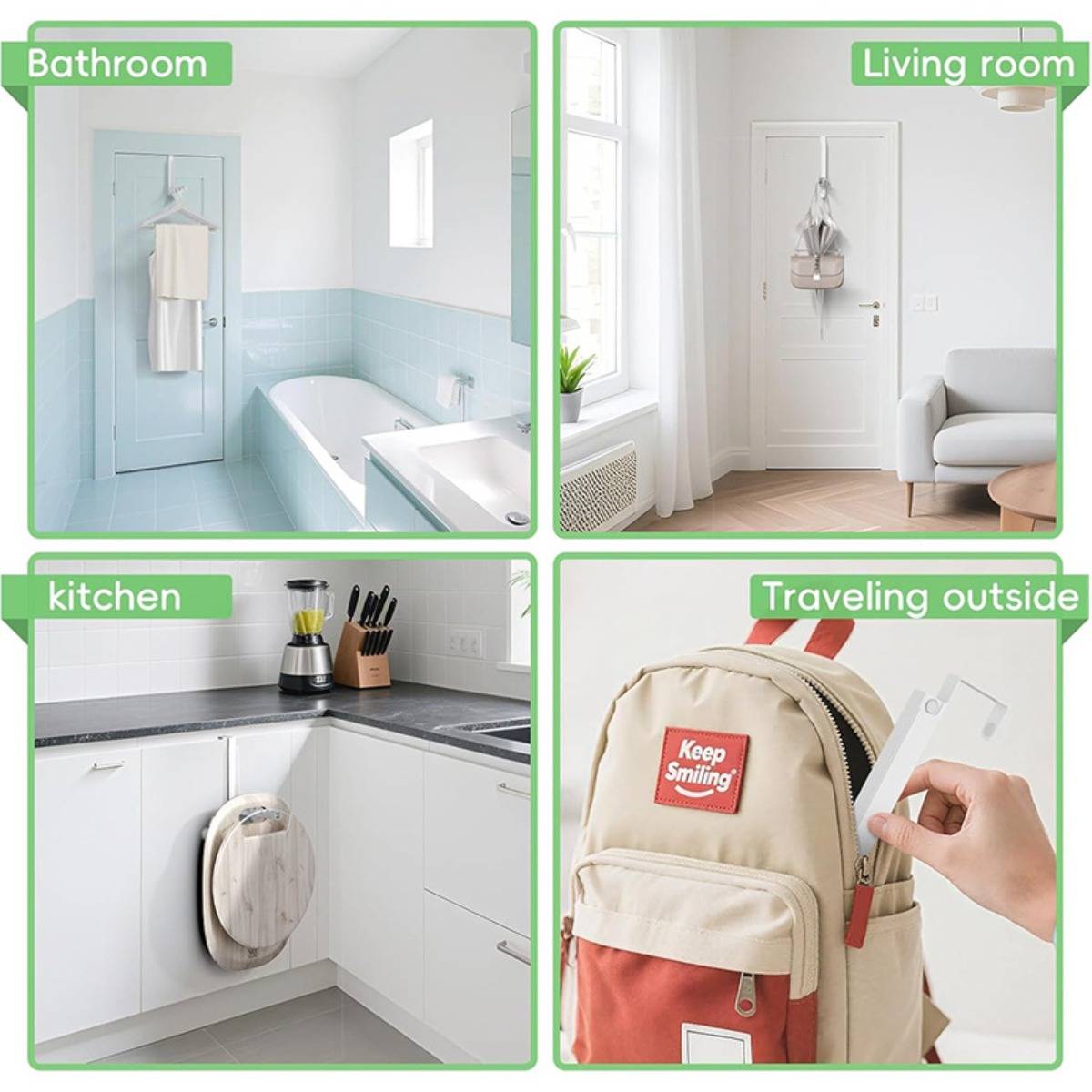 Collage zeigt einen abnehmbaren Wandhaken, der im Badezimmer, Wohnzimmer, Küche und an einem Reiserucksack verwendet wird.