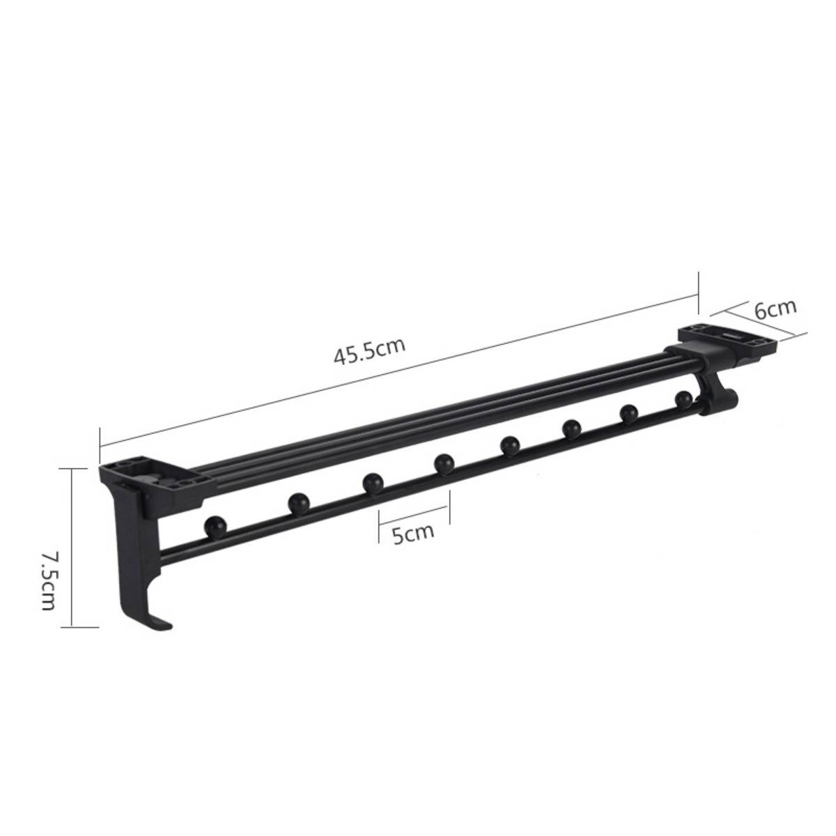 Schwarze wandmontierte Wandgarderobe mit sechs Haken, 45,5 cm lang, 7,5 cm hoch und 6 cm tief.