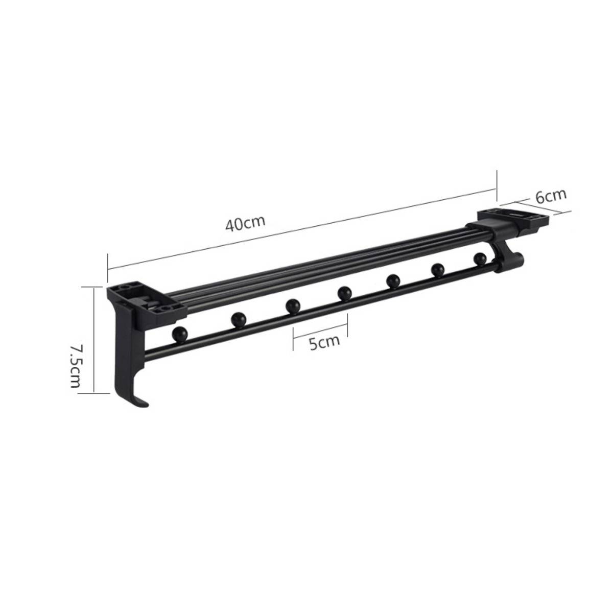 Schwarze wandmontierte Garderobe mit Haken, dargestellt mit Abmessungen von 40 cm Länge, 7,5 cm Höhe und 6 cm Tiefe; Hakenabstand ist mit 5 cm gekennzeichnet.