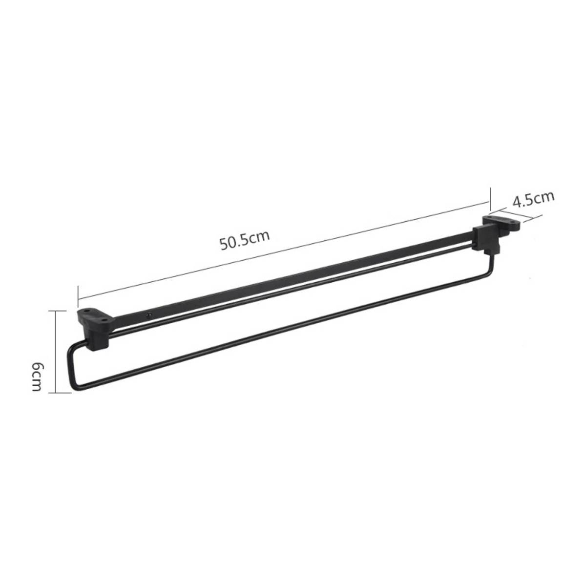 Schwarze Metall-Handtuchstange mit oberer Schiene und unterer Aufhängestange, dargestellt mit Abmessungen von 50,5 cm Länge, 6 cm Höhe und 4,5 cm Tiefe.