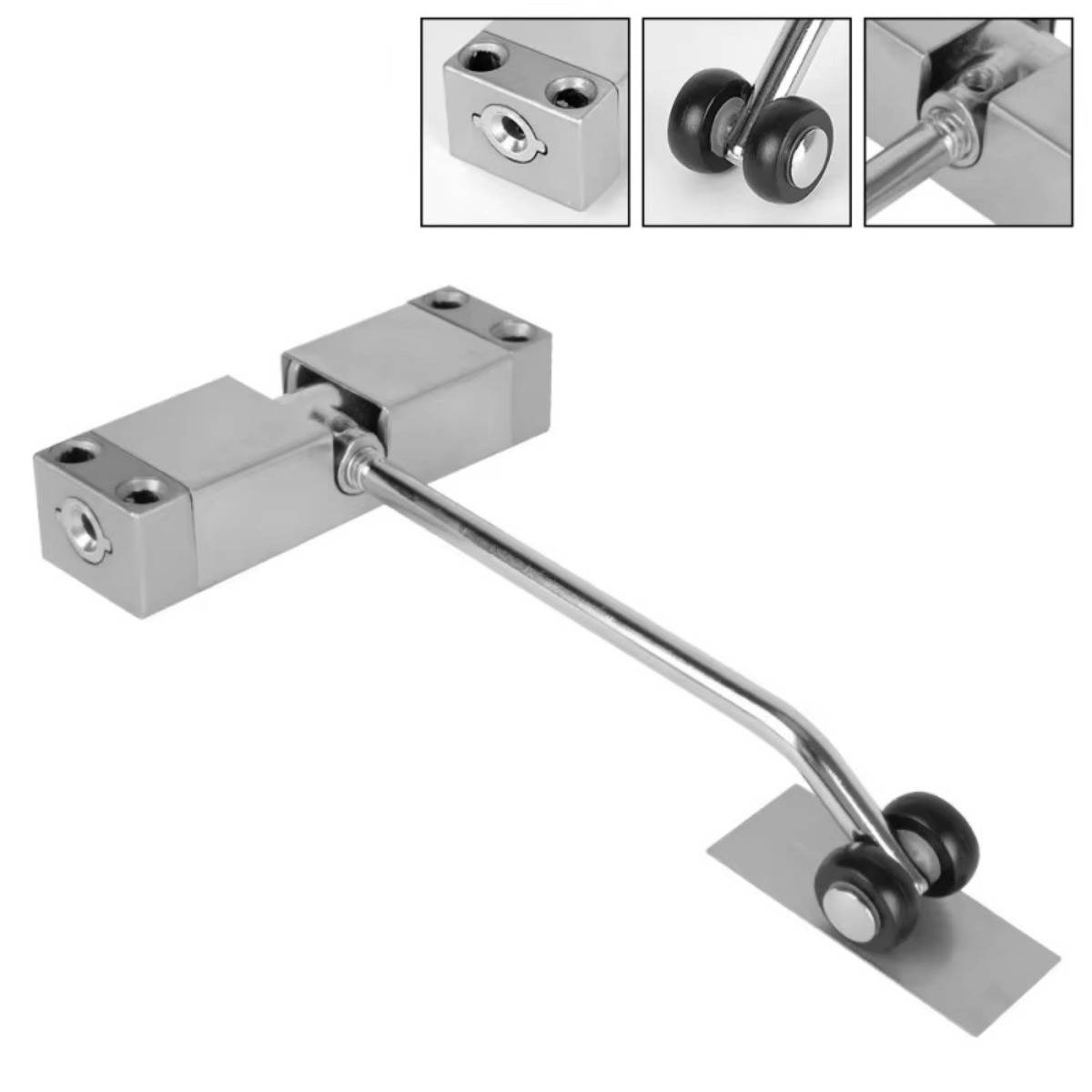 Metallische Türklinkenvorrichtung mit einer langen Stange und zwei Laufrollen, in einer Nahaufnahme dargestellt mit drei eingefügten Detailansichten des Schlossmechanismus und des Rollendes.