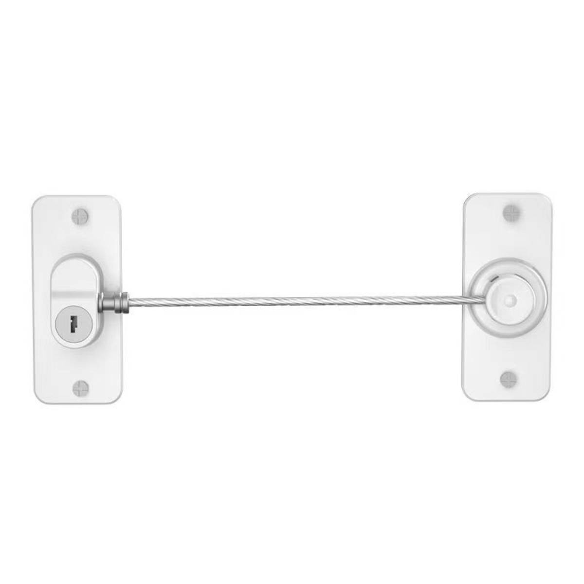 Türensicherheitskabelschloss zwischen zwei wandmontierten Platten gespannt, mit Schließzylinder links und Kabelrolle rechts.