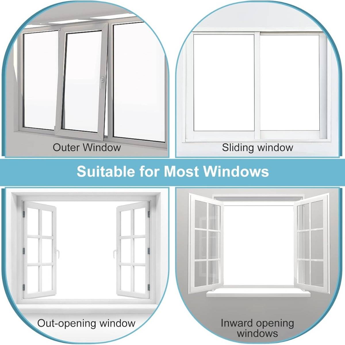 Infografik, die ein Fensterfliegengitter zeigt, das für die meisten Fenster geeignet ist: Festfenster, Schiebefenster, nach außen öffnende Fenster und nach innen öffnende Fenster.
