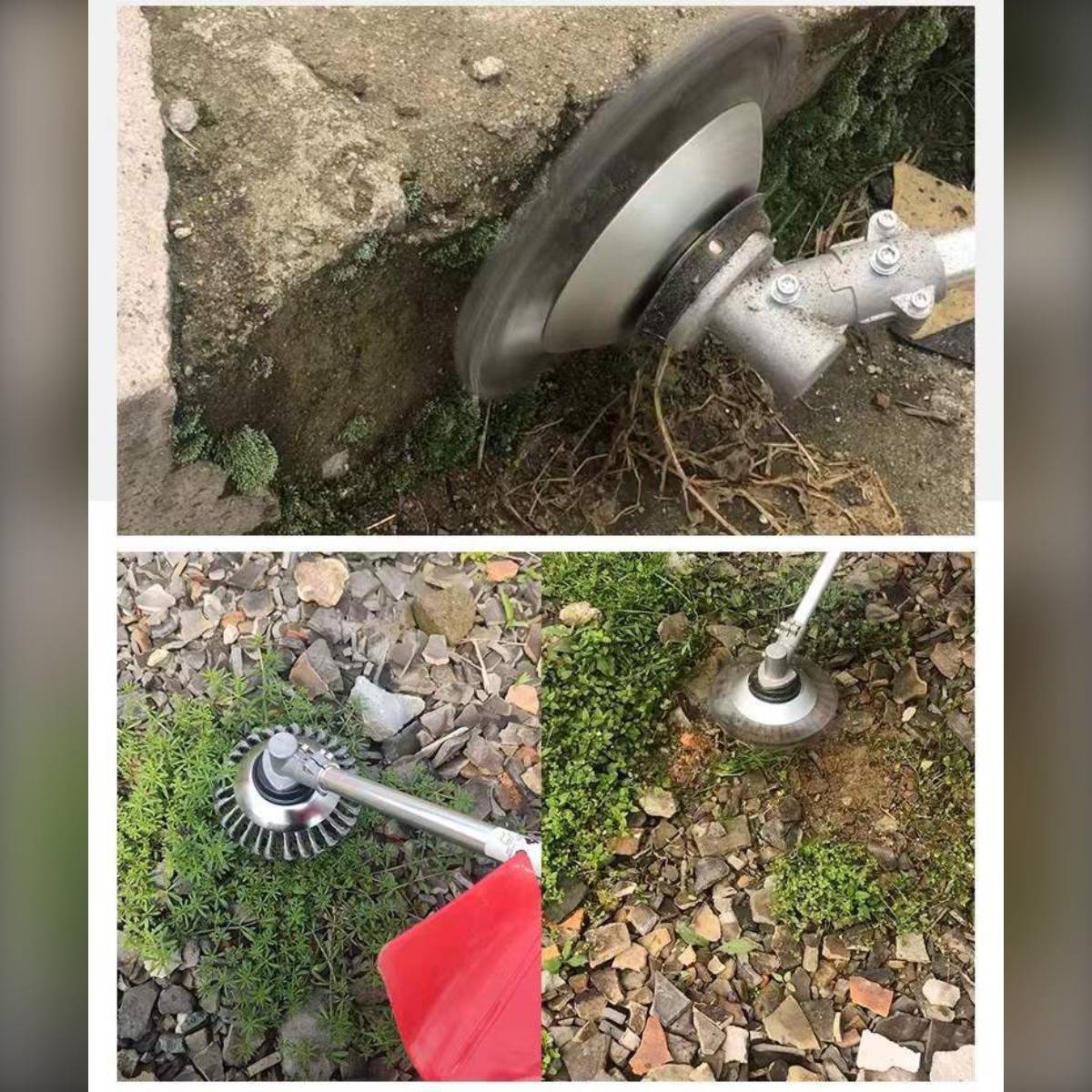 Fotos einer Person, die einen motorisierten Fadenkopf-Trimmer verwendet, um Unkraut und Gras entlang einer Betoneinfassung und felsigem Boden zu entfernen.