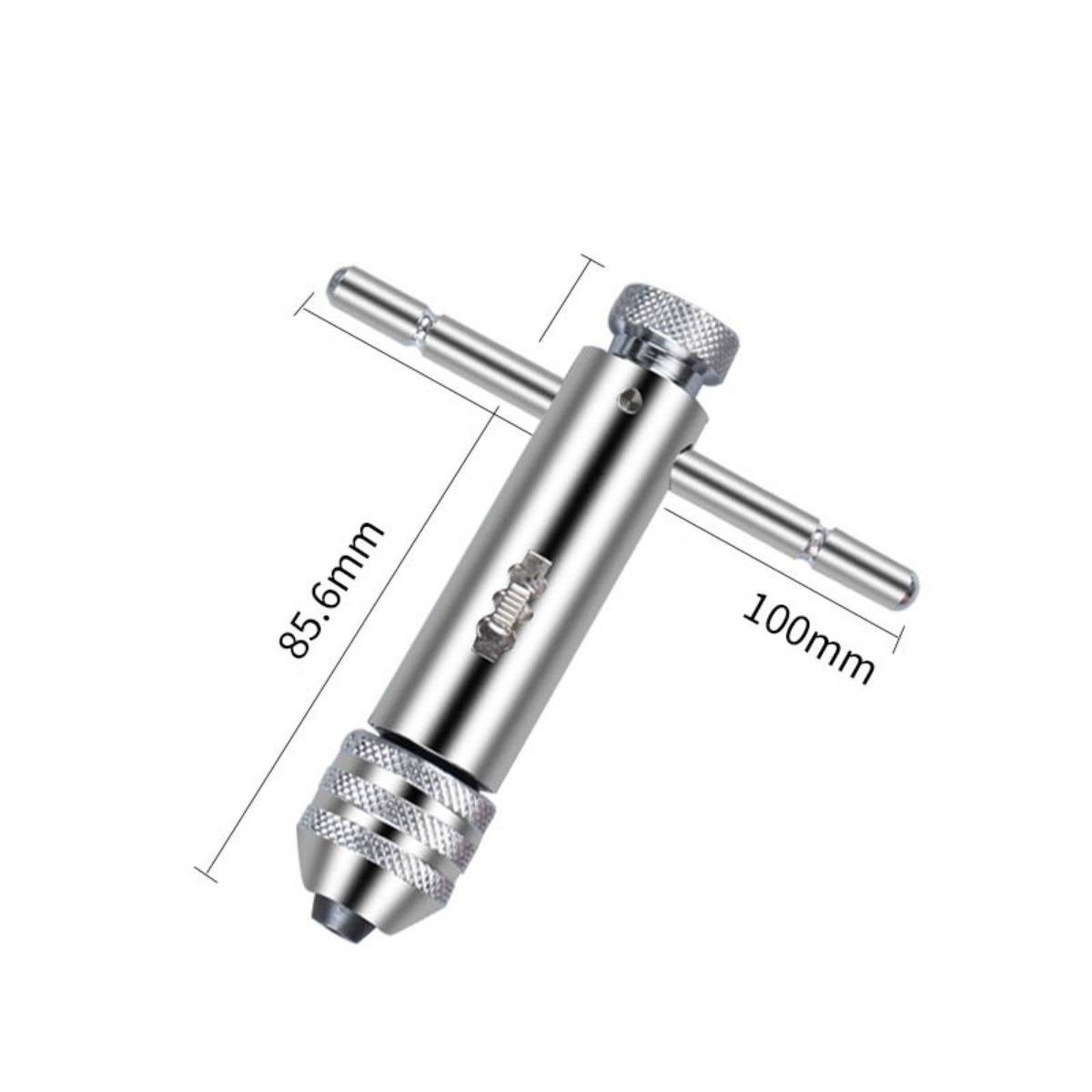 Verstellbarer Metallgewindebohrer mit T-Griff und gerillten Griffen, mit Beschriftung 85,6 mm Körperlänge und 100 mm Grifflänge.