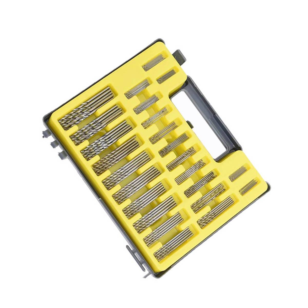 Gelbes Kunststoff-Bohrersatz-Etui mit sortierten Metallbohren in Steckplätzen und ausgeschnittenem Griff.